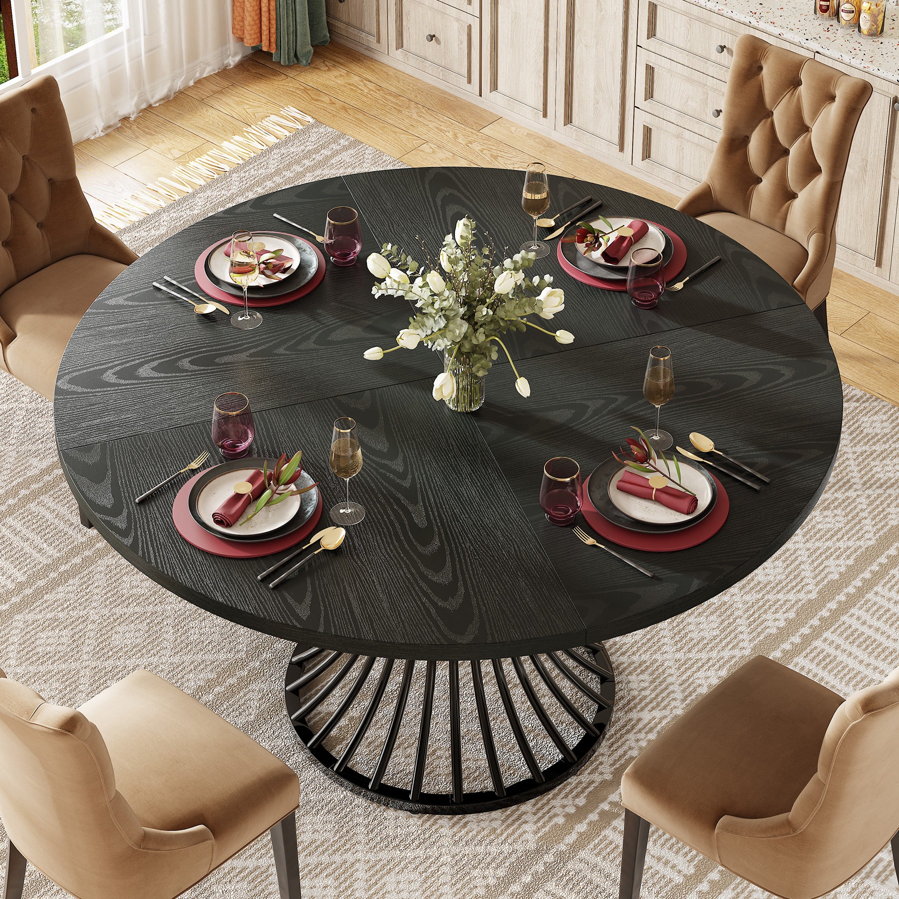 Tribesigns 47.2-Inch Round Dining Table for 4-6, Farmhouse Kitchen Table with Hourglass Metal Base