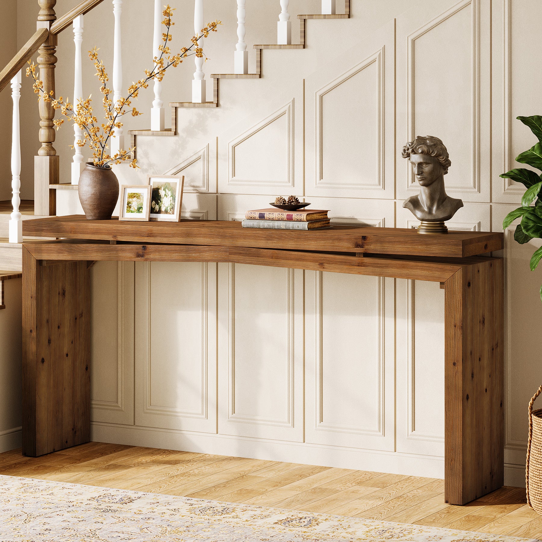 63-Inch Solid Wood Farmhouse Console Table, Long Sofa Table for Entryway