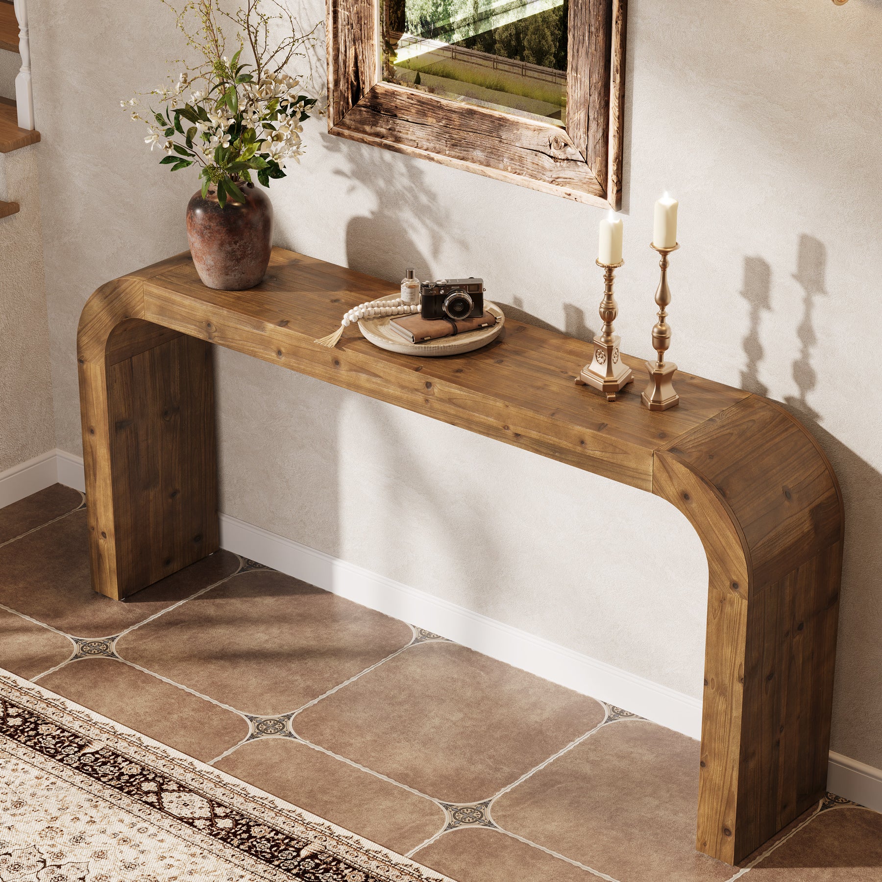 71 Inch Solid Wood Console Table, Farmhouse Waterfall Sofa Table for Entryway Hallway