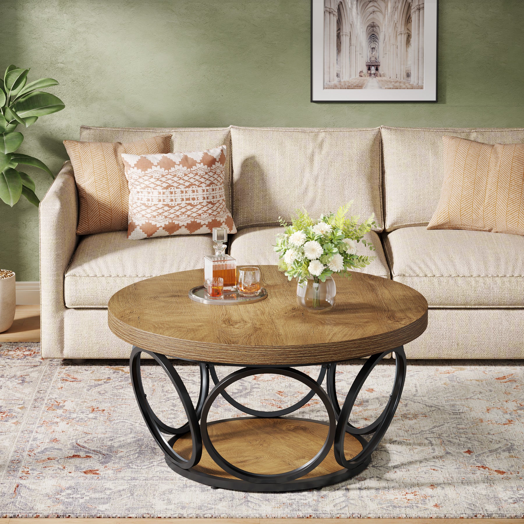 Tribesigns Coffee Table, Round Center Table with 2 Storage Shelves