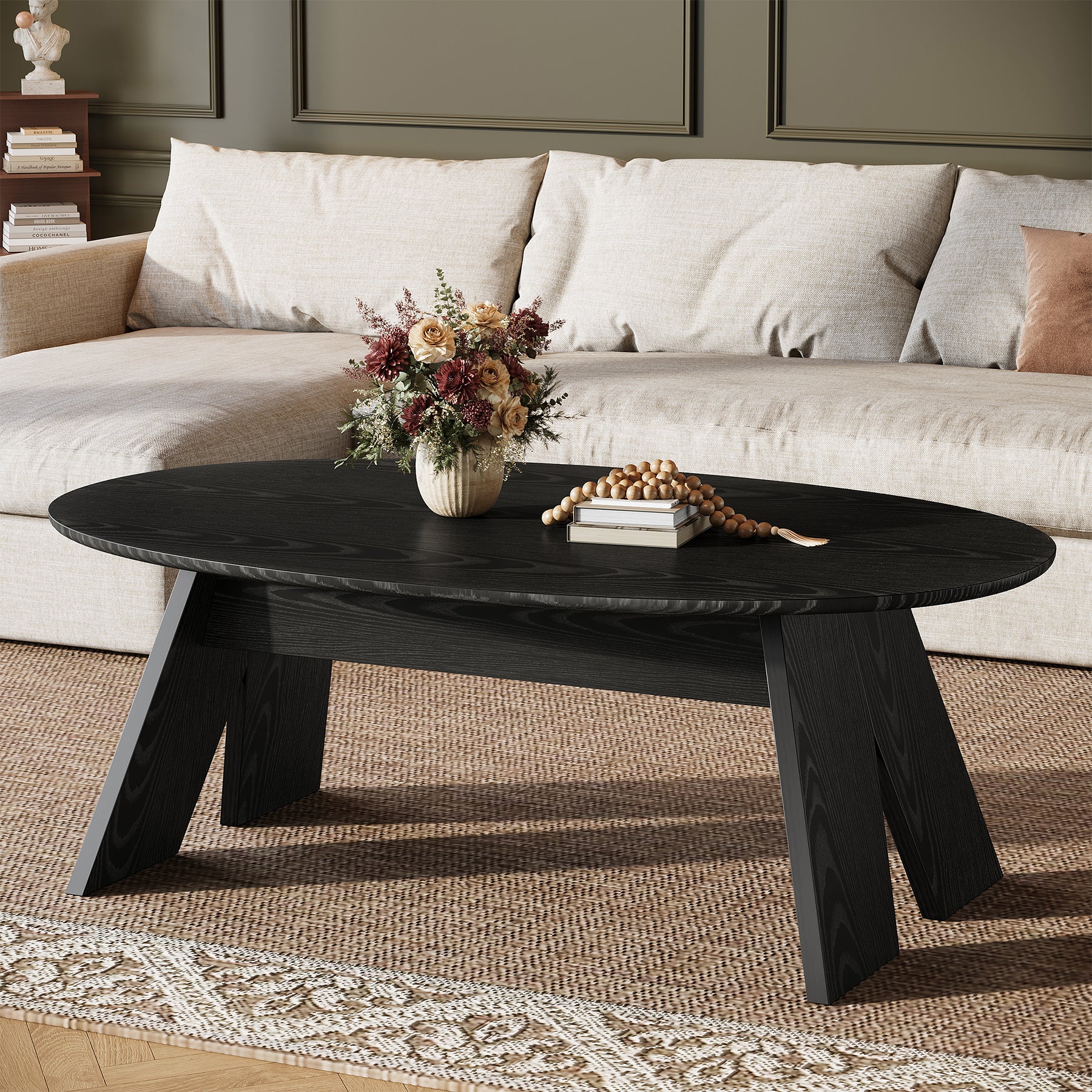 47-Inch Oval Coffee Table for Living Room, Modern Black Center Cocktail Table with Angled Legs