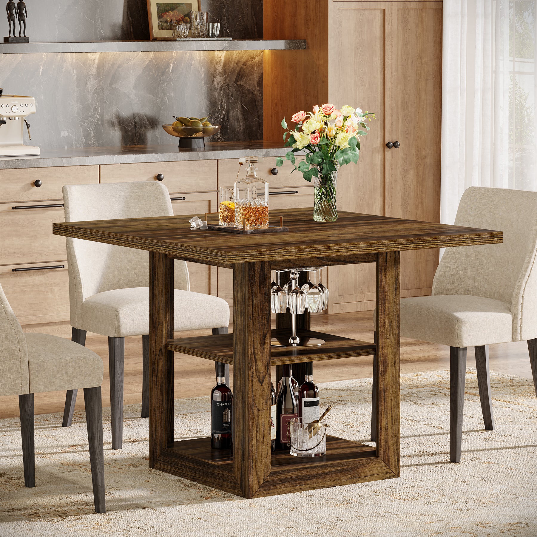 Tribesigns 31.5 Inch Square Dining Table for 4, Farmhouse Kitchen Table with Storage Shelf