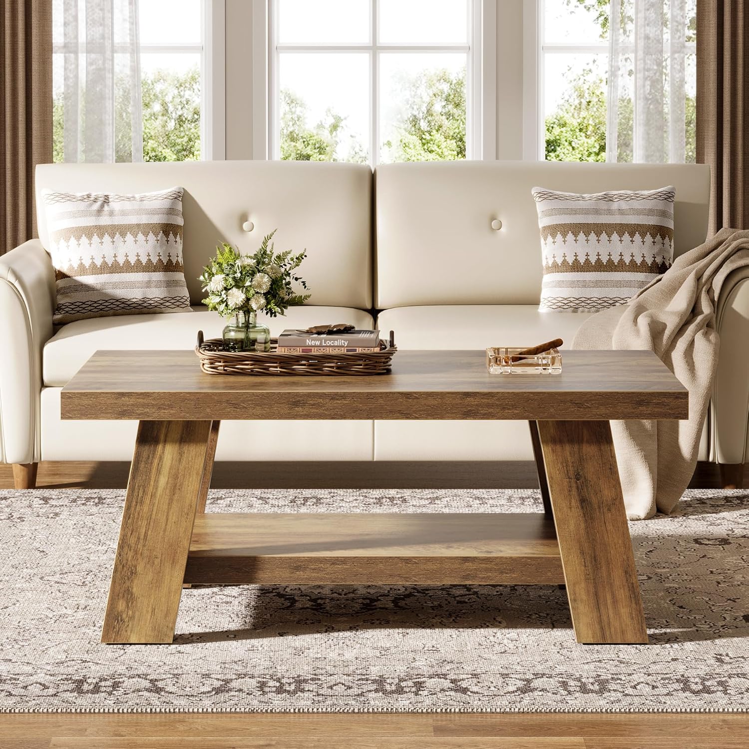 47" Rustic Farmhouse Coffee Table - 2-Tier Rectangular Storage Center Table for Living Room