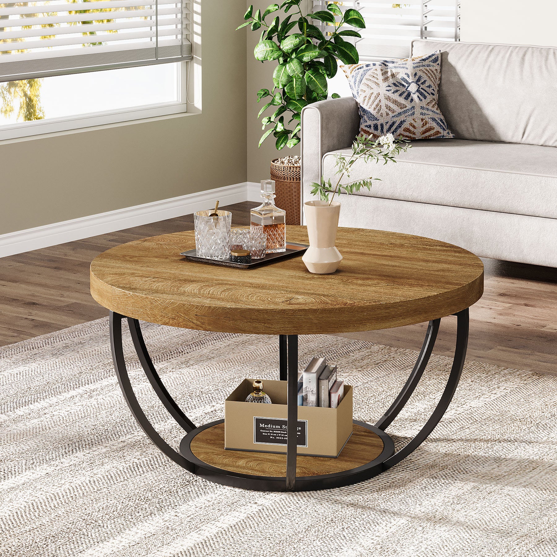 Round Wooden Coffee Table with 2-Tier Shelves