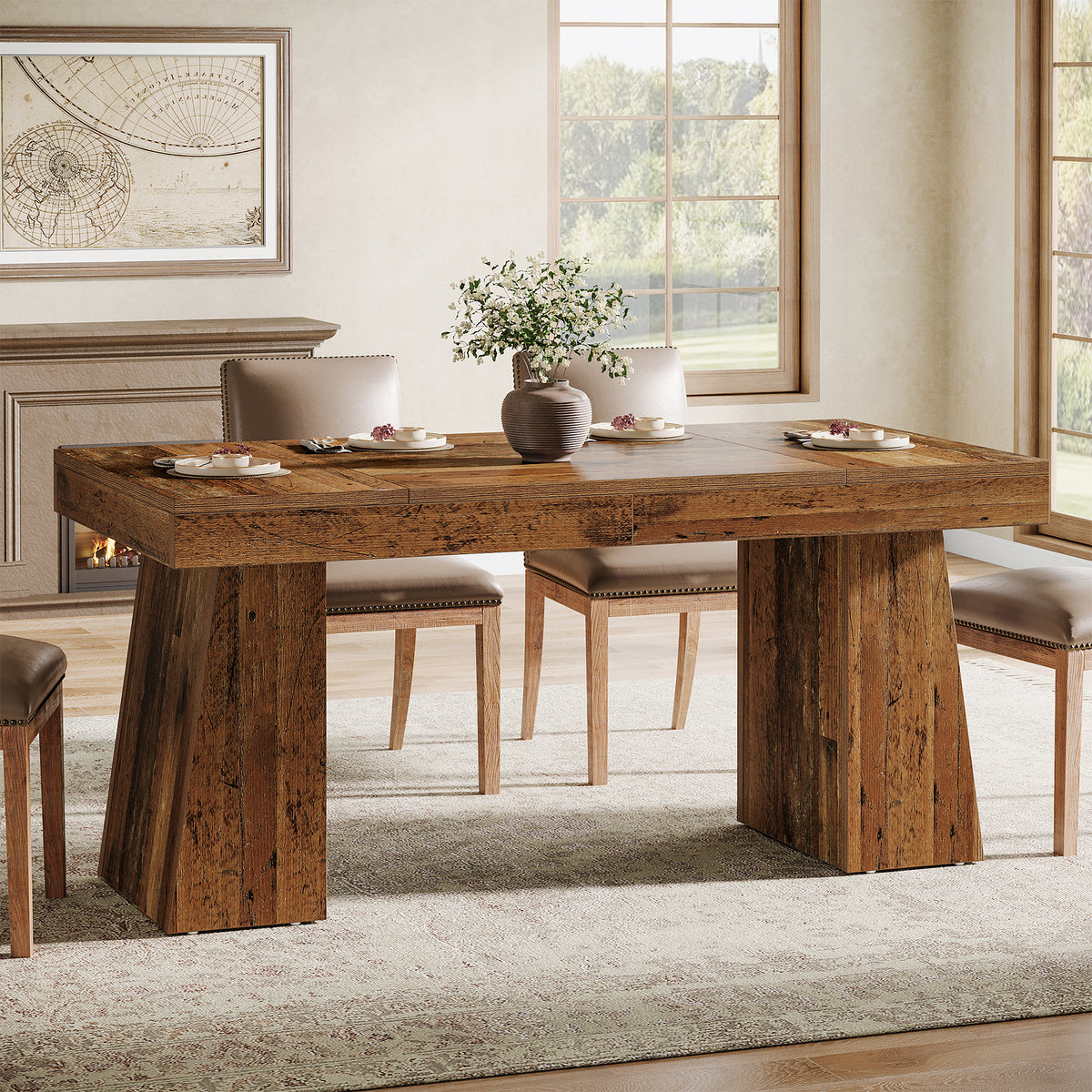 Tribesigns 55-Inch Dining Table for 4-6 People, Rectangular Farmhouse Kitchen Table with Double Pedestal Base