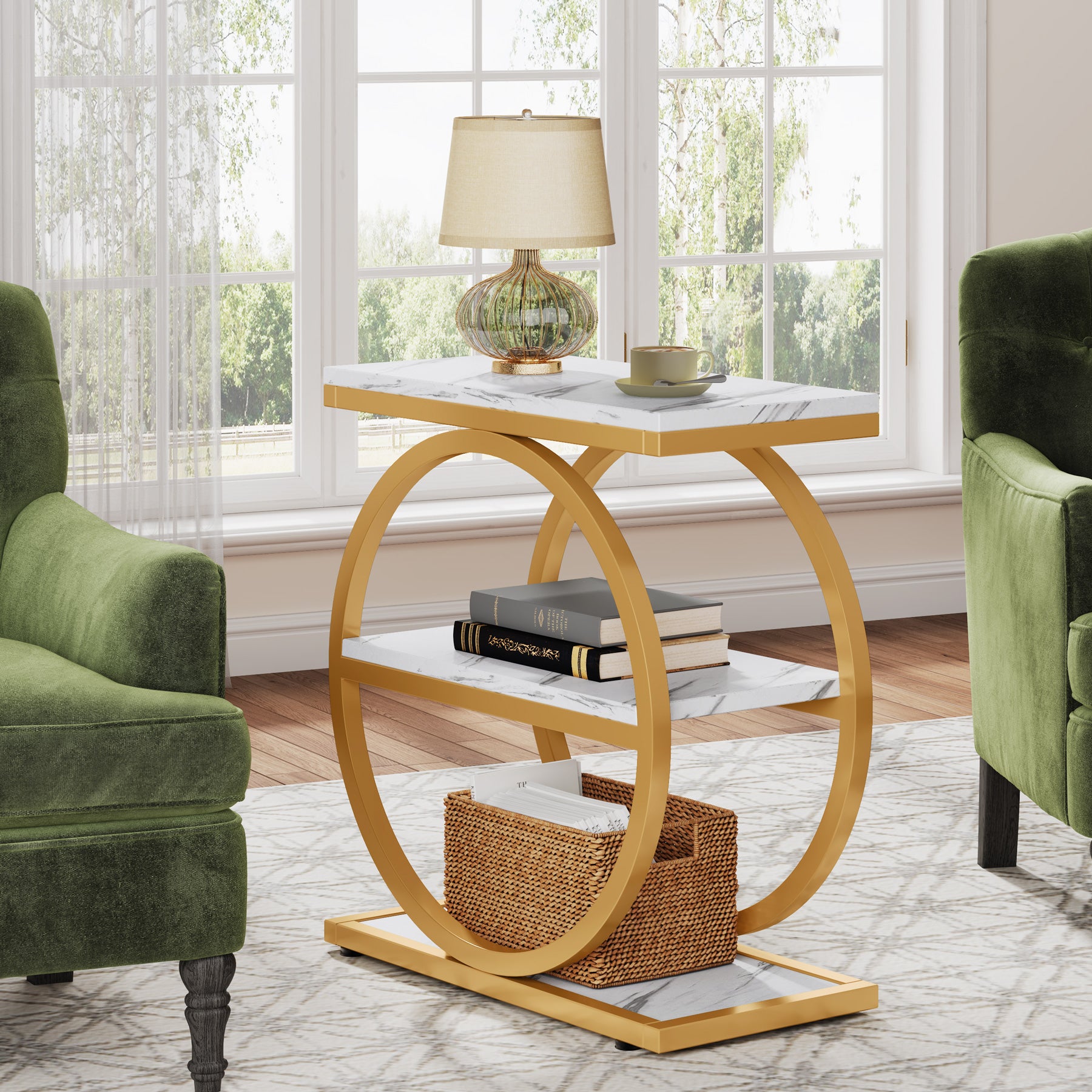 3-Tier End Table, Industrial Sofa Side Table with Round Metal Frame