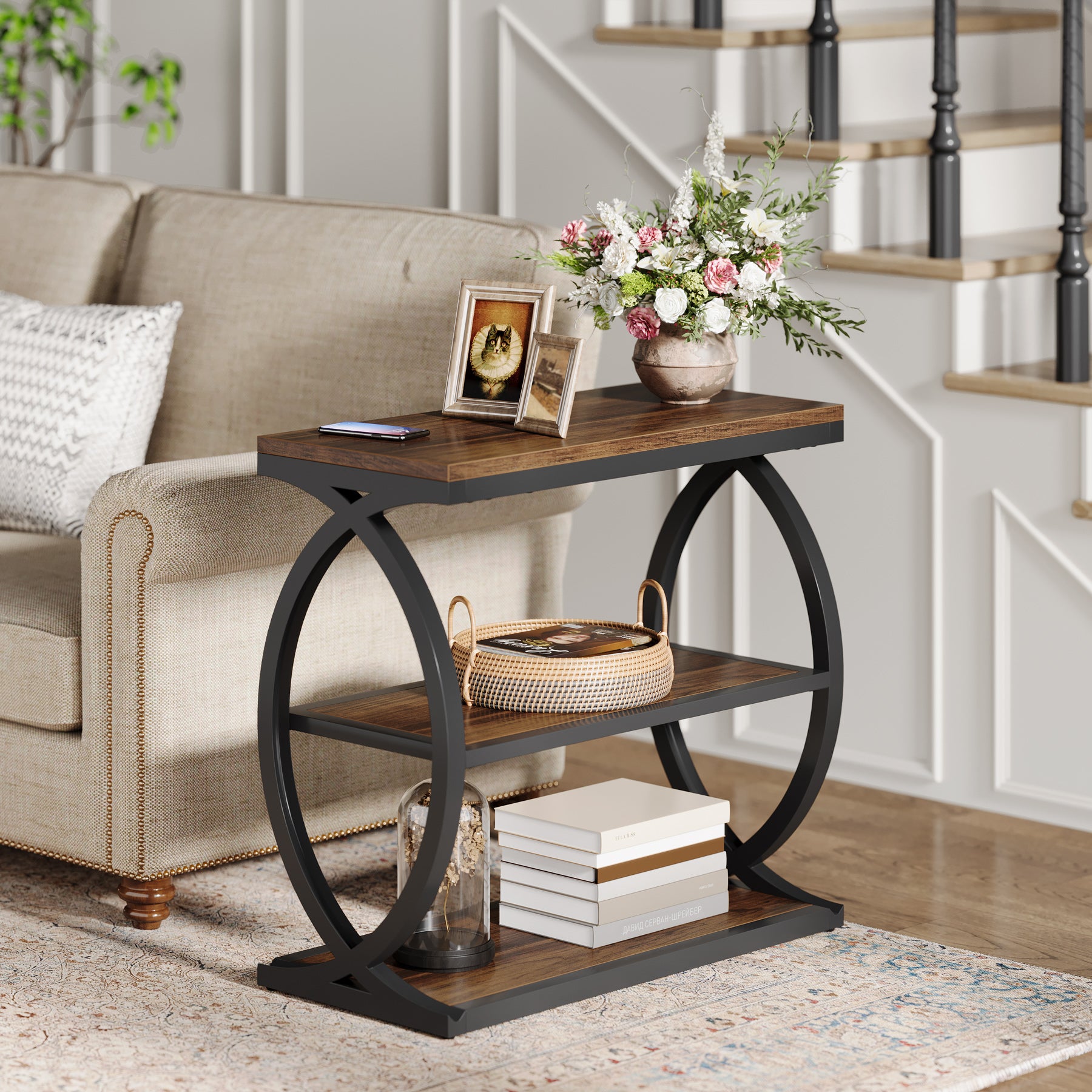 23.62" Rustic Brown Narrow End Table, 3-Tier Industrial Wood & Metal Side Table for Small Space