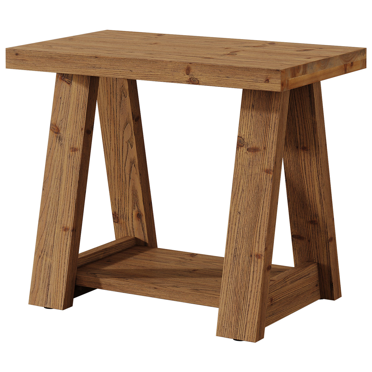 23.62 Inch Solid Wood End Table with 2-Tier Storage Shelves, Farmhouse Side Table for Living Room