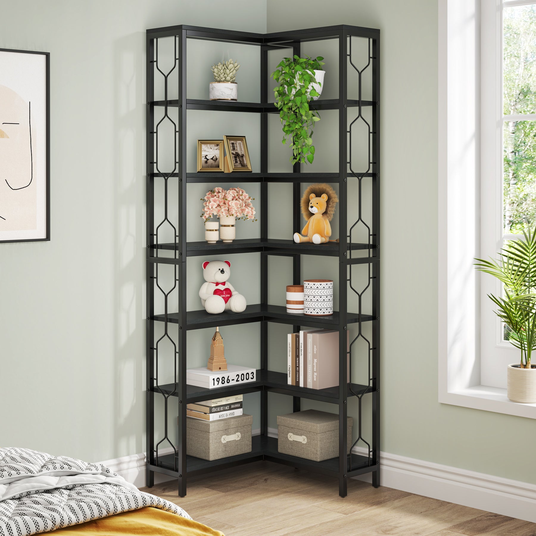78.7-Inch 7-Tier Corner Bookcase with Hexagon-Pattern Side Panels, Tall Display Unit for Living Room