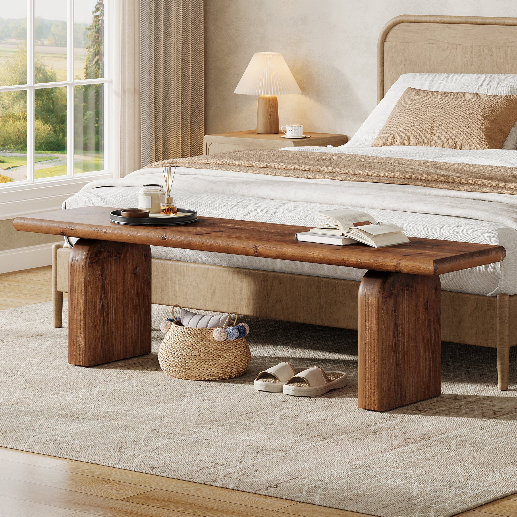 Tribesigns 62.99 Inch Solid Wood Entryway Bench, Farmhouse End of Bed Bench for Bedroom and Hallway