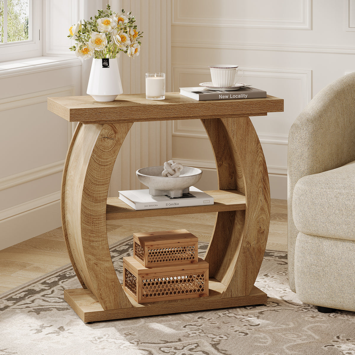 24 Inch Narrow End Table with Storage, 3 Tier Farmhouse Side Table