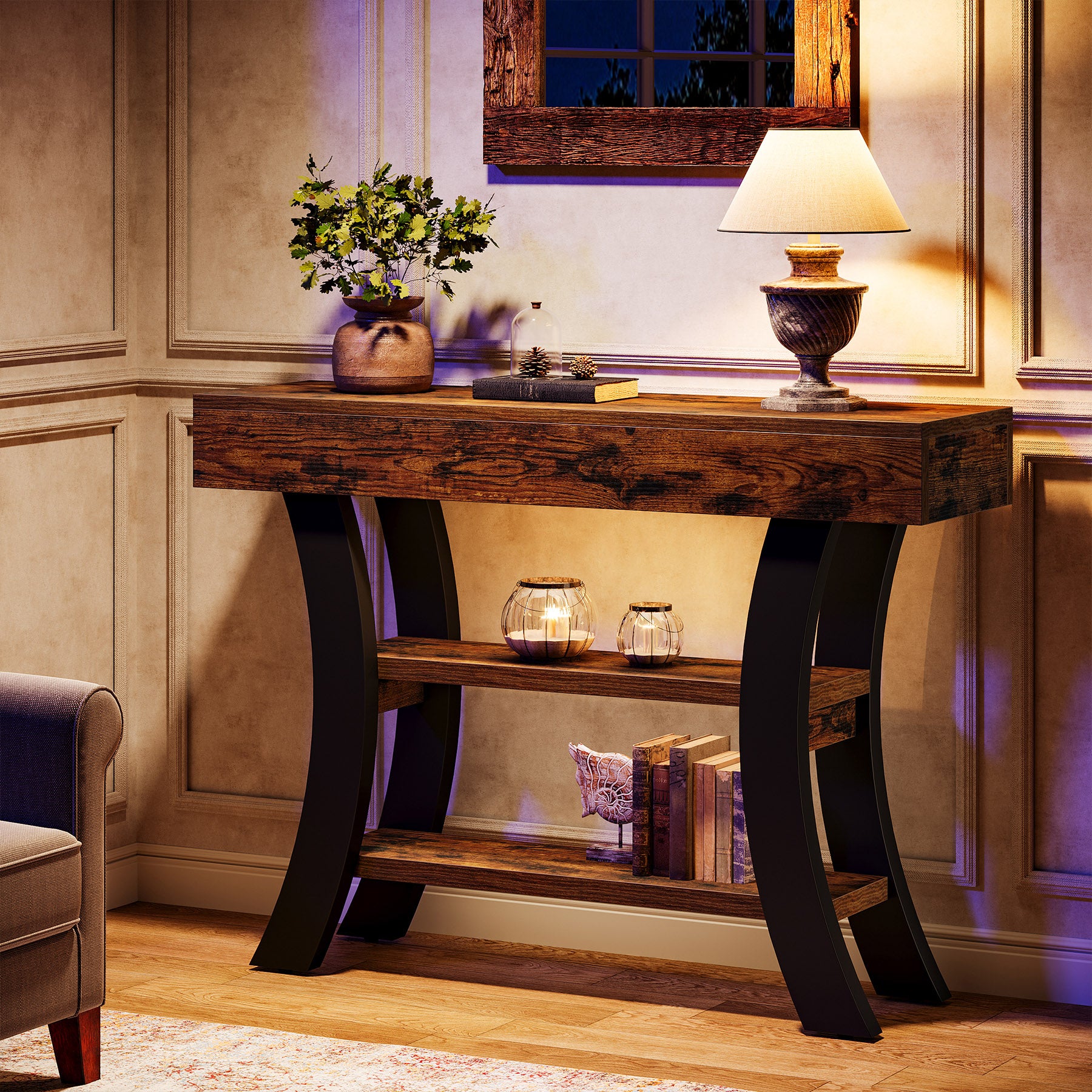 41.34" Rustic Console Table, 3-Tier Entryway Table with Curved Frame for Living Room