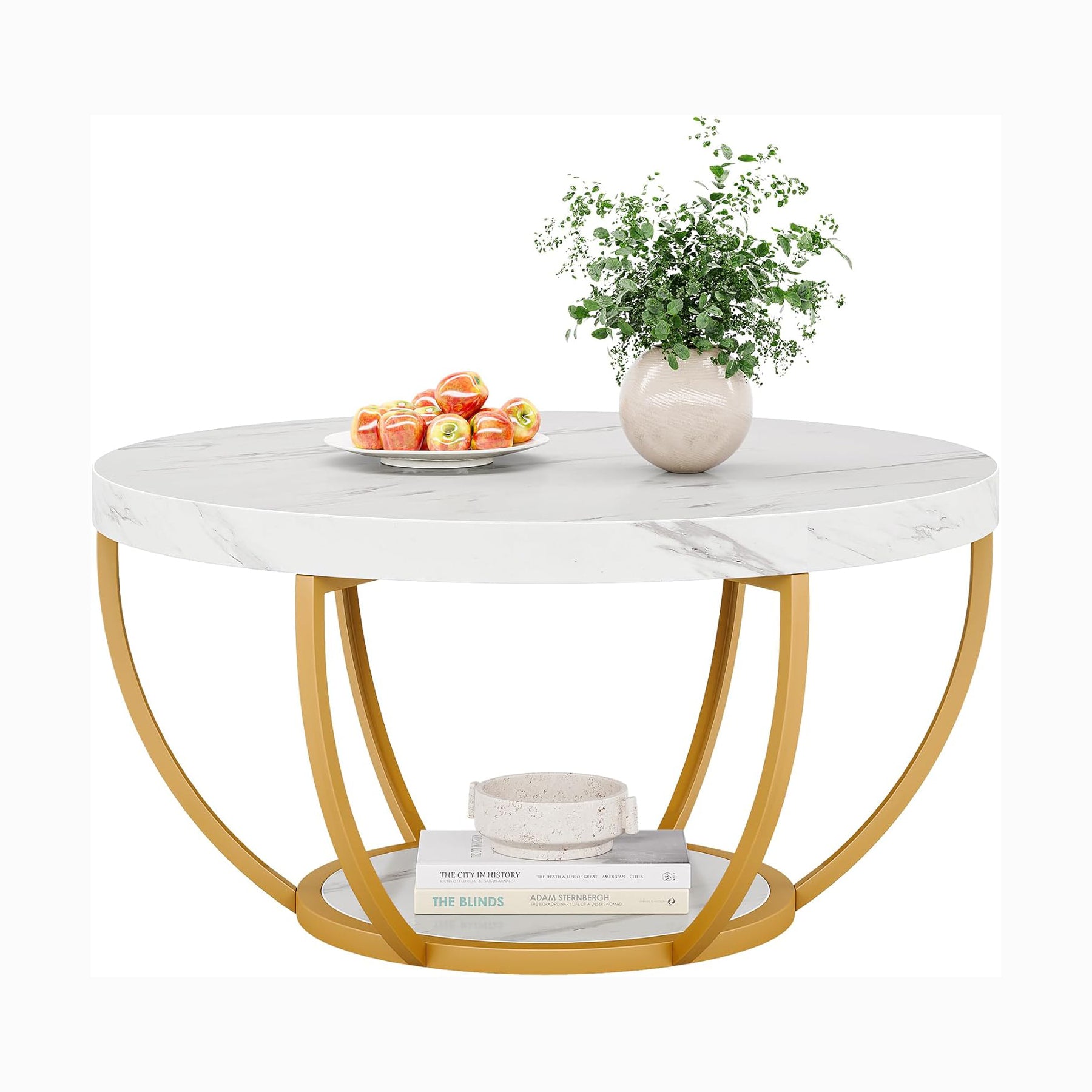 Round Wooden Coffee Table with 2-Tier Shelves