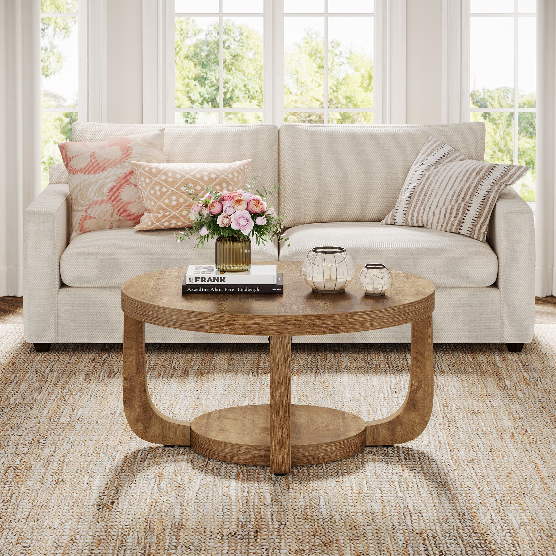 31.5" Round Coffee Table - 2-Tier Accent Center Table with Storage Shelf