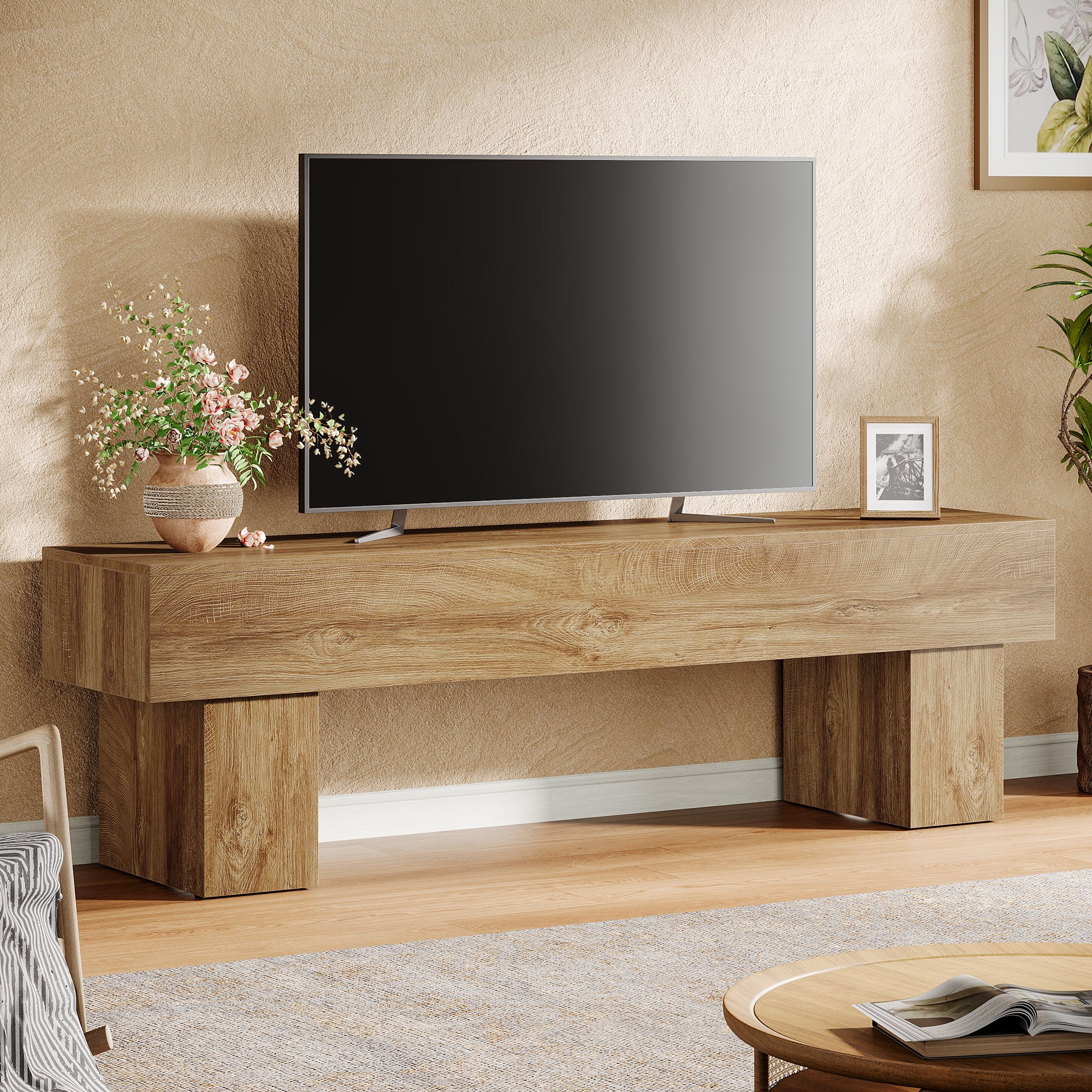 Tribesigns 63-Inch Low TV Console Table, Farmhouse Design with Sturdy 300 lb Capacity for Living Room