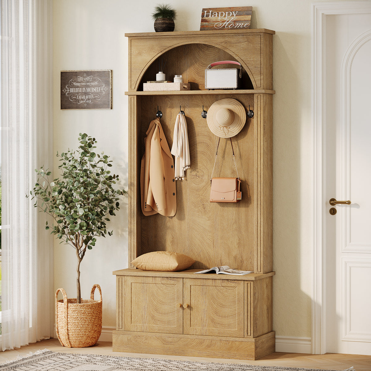 4-in-1 Hall Tree with Shoe Bench and Storage Cabinet, Entryway Coat Rack with Hooks and Top Shelf