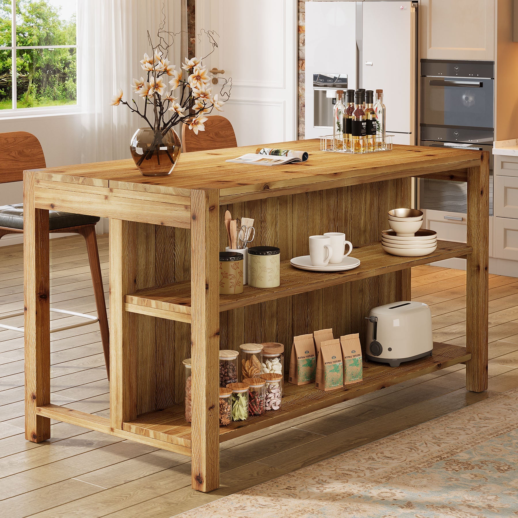 59" Farmhouse Kitchen Island, Solid Wood Dining Prep Table With 2 Open Storage Shelves