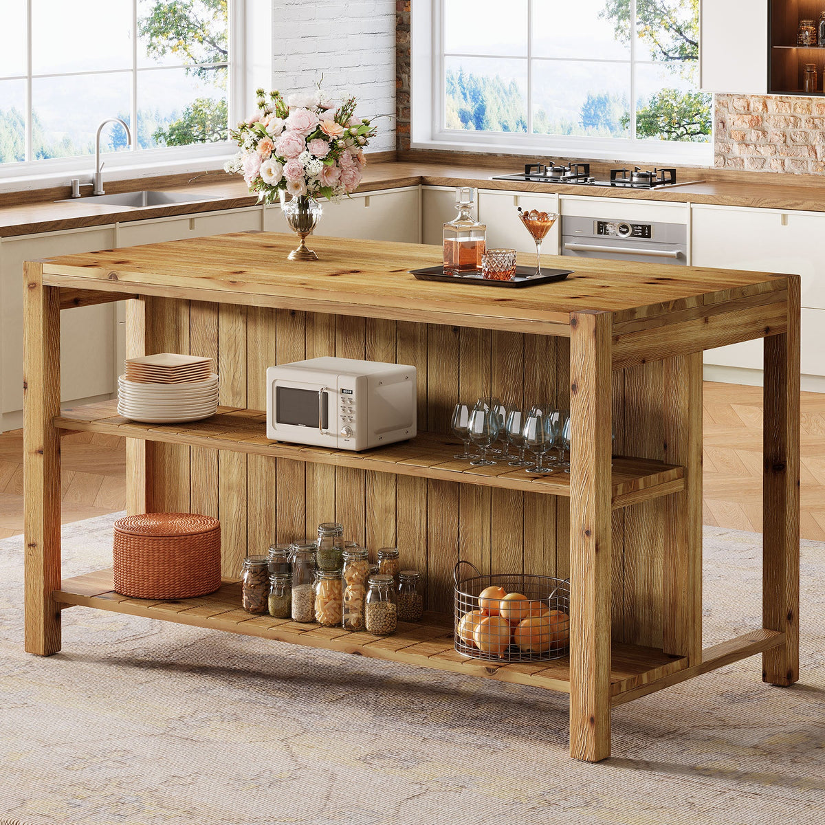 59" Farmhouse Kitchen Island, Solid Wood Dining Prep Table With 2 Open Storage Shelves
