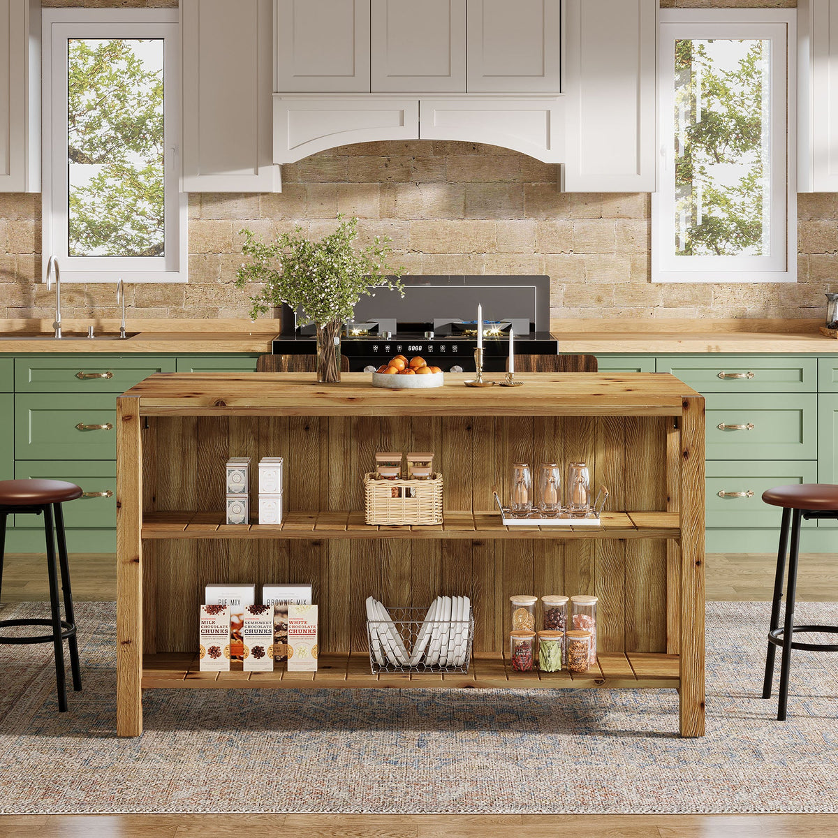 59" Farmhouse Kitchen Island, Solid Wood Dining Prep Table With 2 Open Storage Shelves