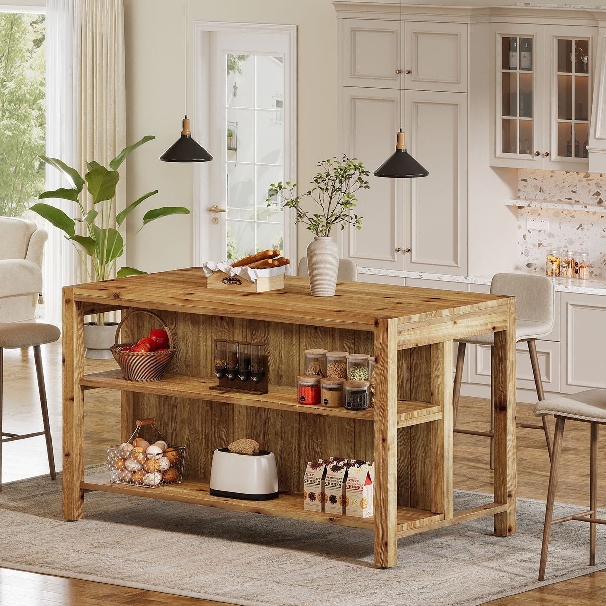 59" Farmhouse Kitchen Island, Solid Wood Dining Prep Table With 2 Open Storage Shelves