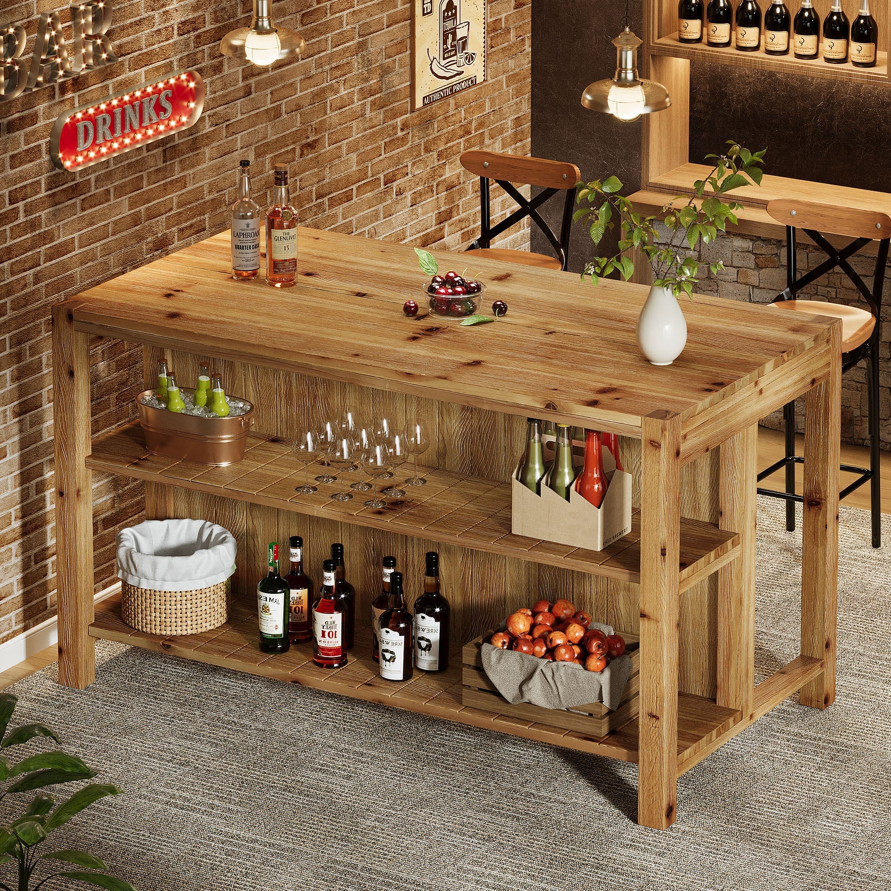 59" Farmhouse Kitchen Island, Solid Wood Dining Prep Table With 2 Open Storage Shelves