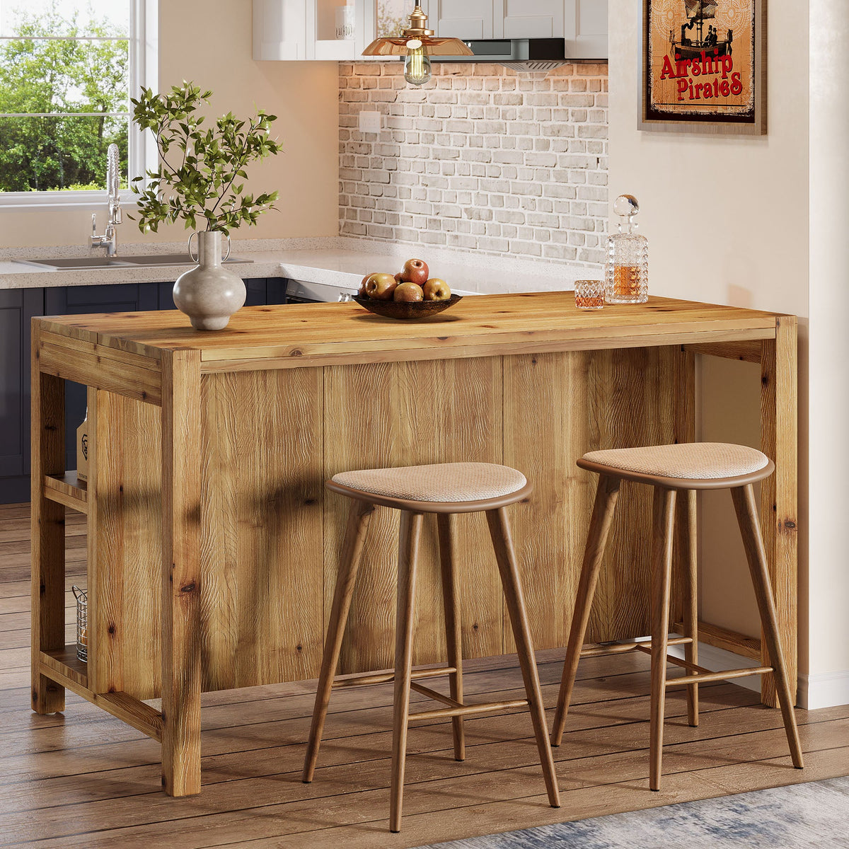 59" Farmhouse Kitchen Island, Solid Wood Dining Prep Table With 2 Open Storage Shelves
