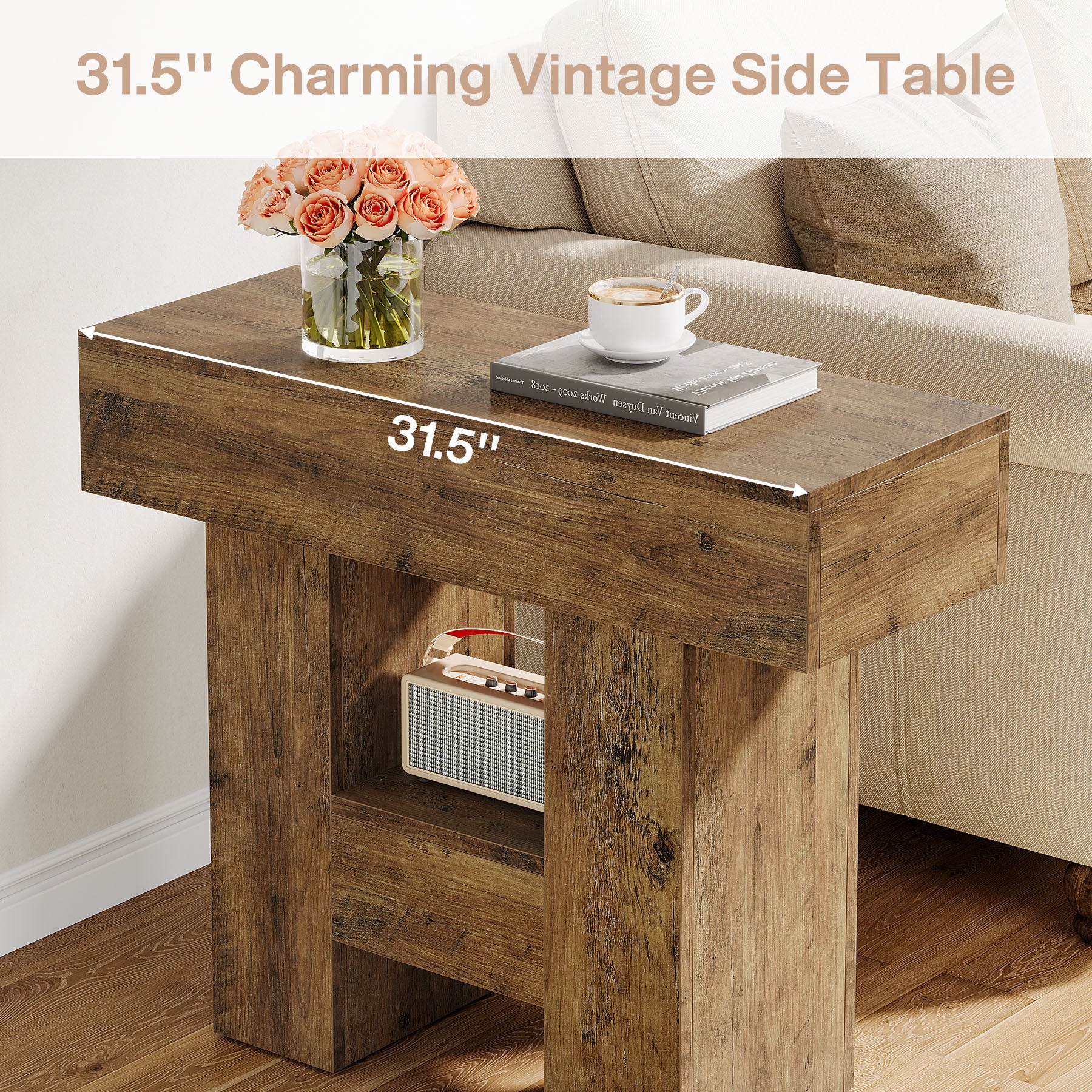 23.6-Inch Farmhouse Narrow End Table with 2-Tier Storage Shelf, Sofa Side Table for Living Room