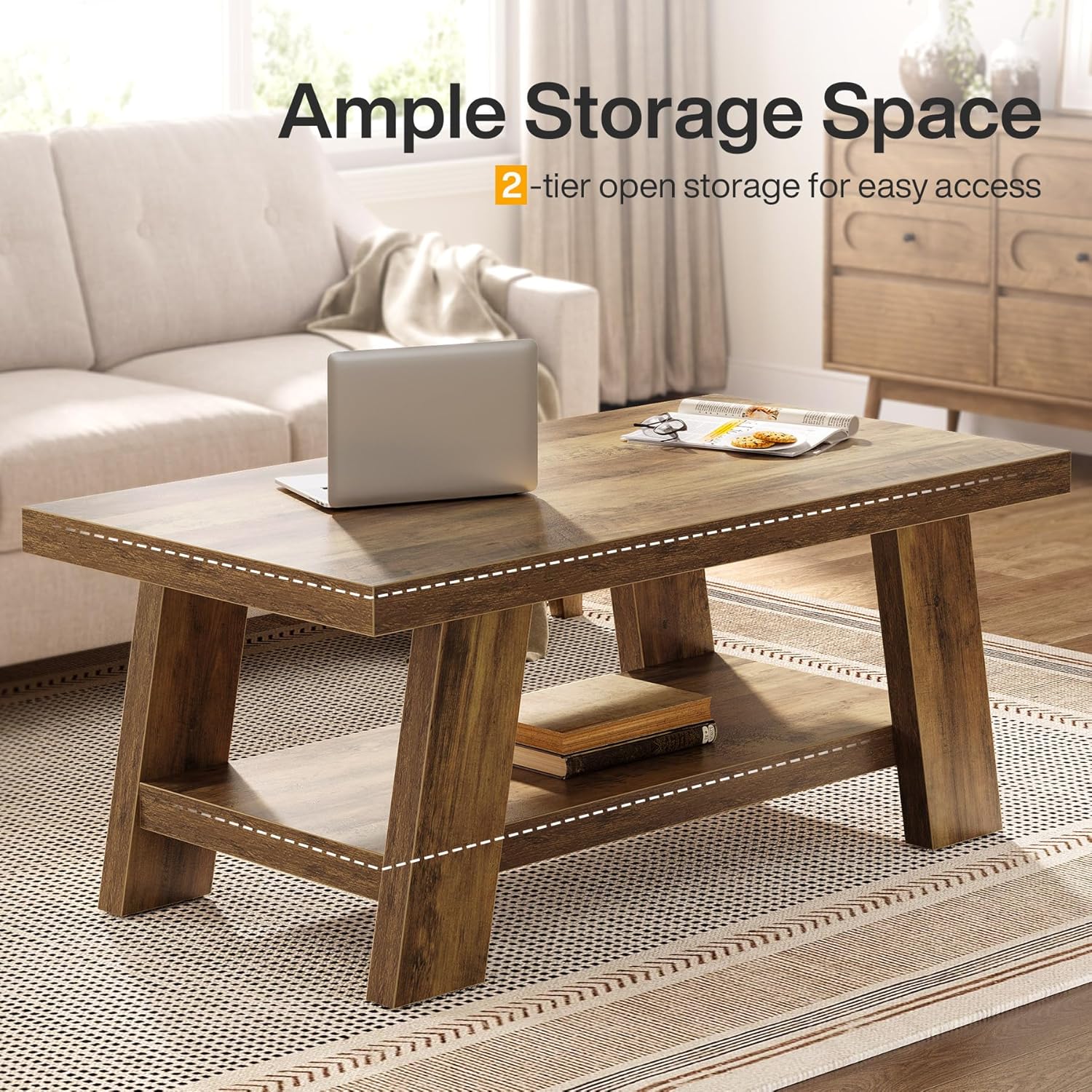 47" Rustic Farmhouse Coffee Table - 2-Tier Rectangular Storage Center Table for Living Room