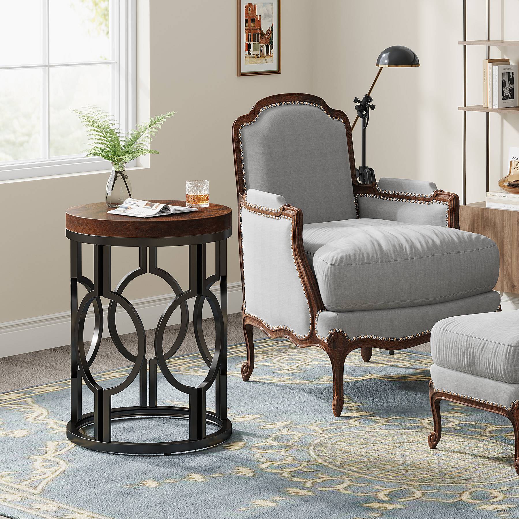 Round End Table, Industrial Side Table with Metal Hollow Frame Tribesigns