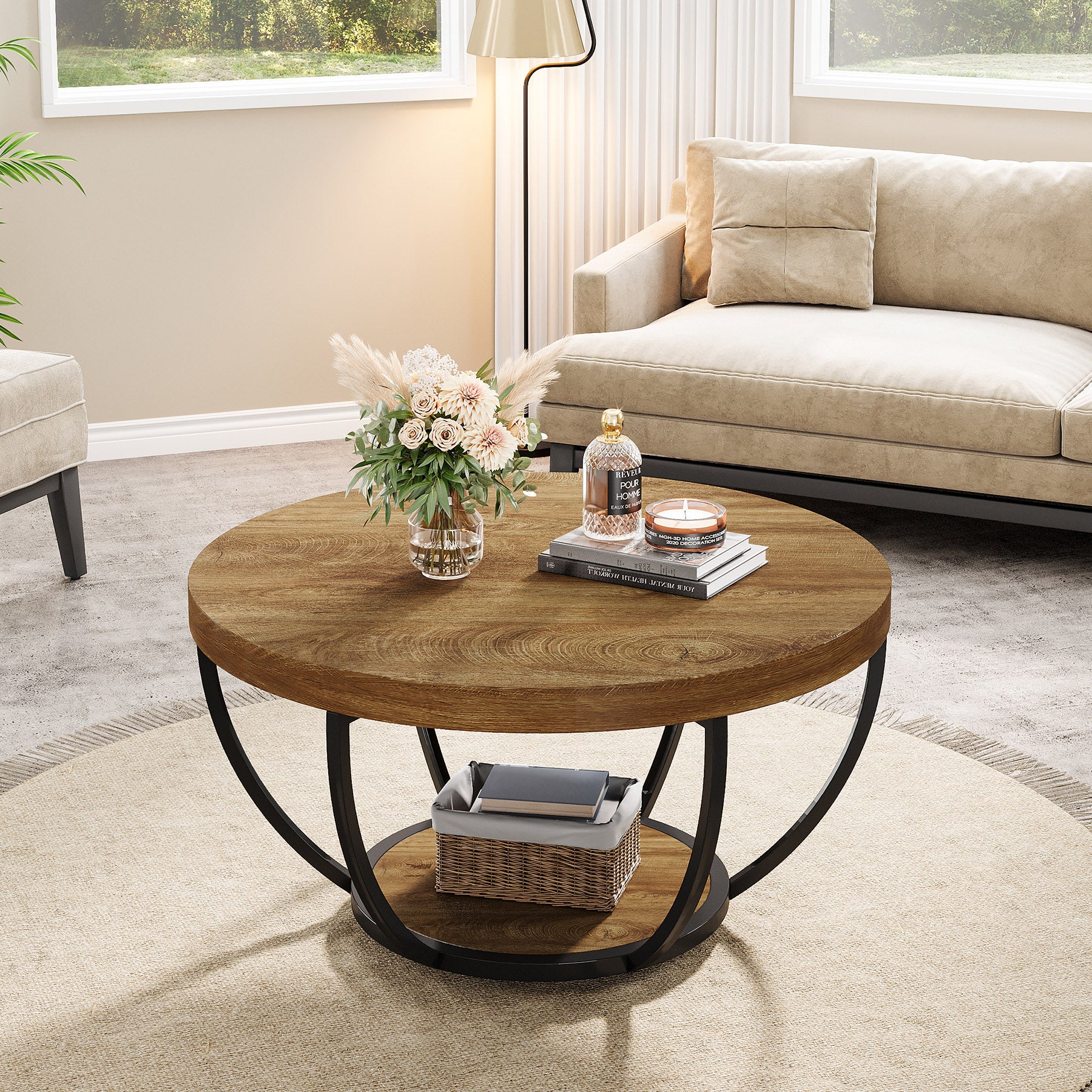 Round Wooden Coffee Table with 2-Tier Shelves