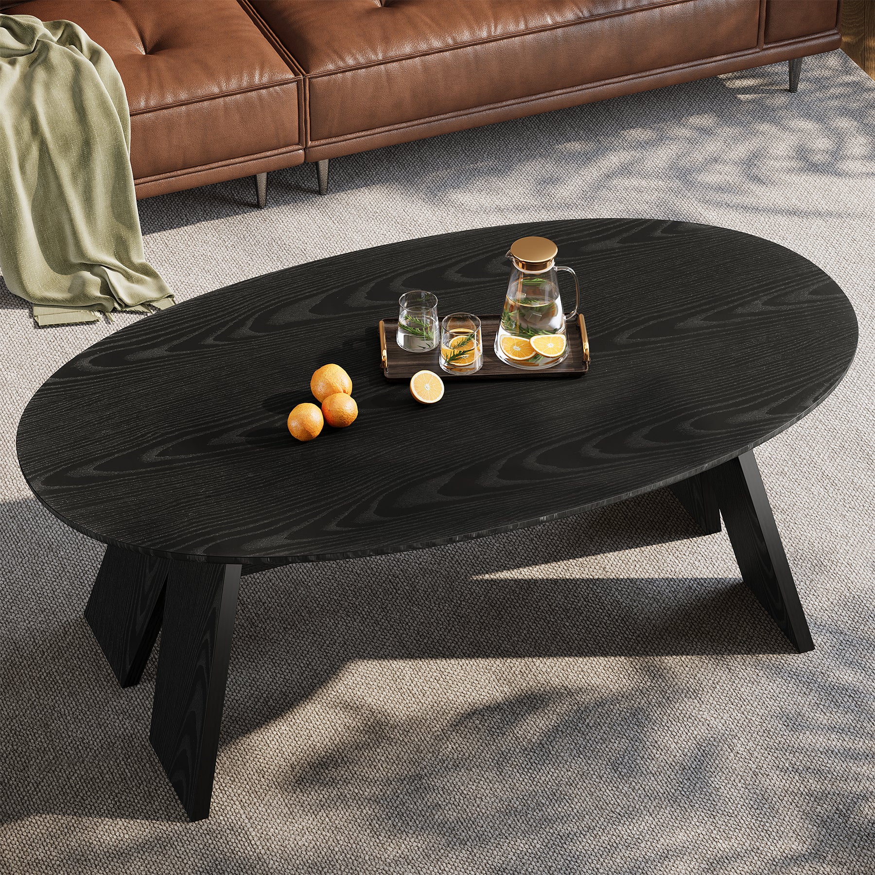 47-Inch Oval Coffee Table for Living Room, Modern Black Center Cocktail Table with Angled Legs