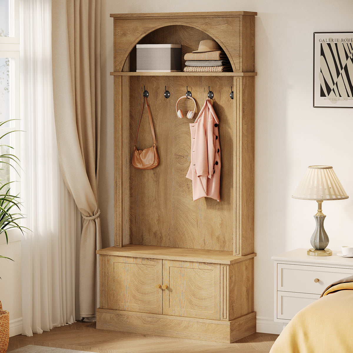 4-in-1 Hall Tree with Shoe Bench and Storage Cabinet, Entryway Coat Rack with Hooks and Top Shelf