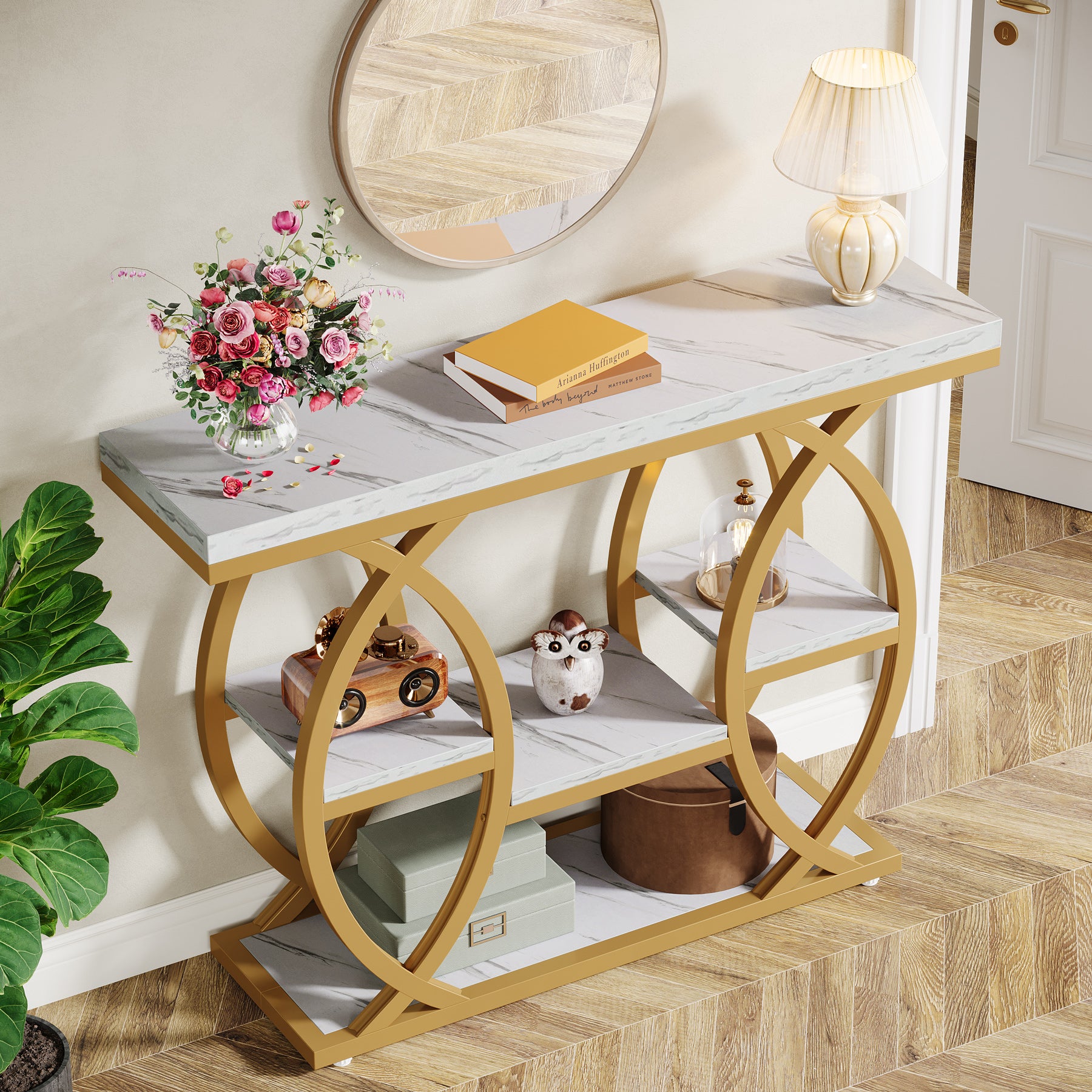Tribesigns 39.4-Inch 4-Tier Console Table with Geometric Metal Frame, Sofa Table for Hallway Foyer and Small Spaces