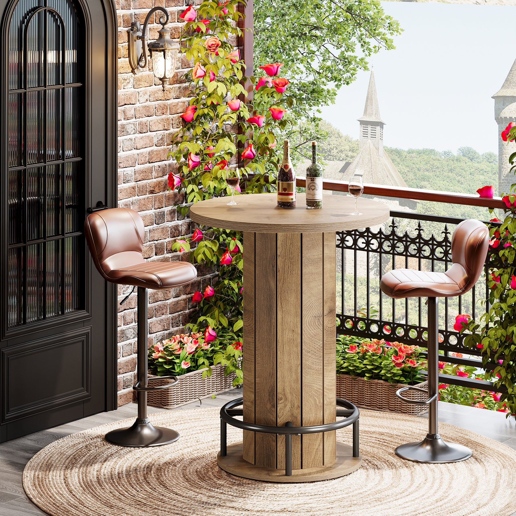 39.4" Round Wood Bar Table, Metal Ring Footrest for Dining & Living