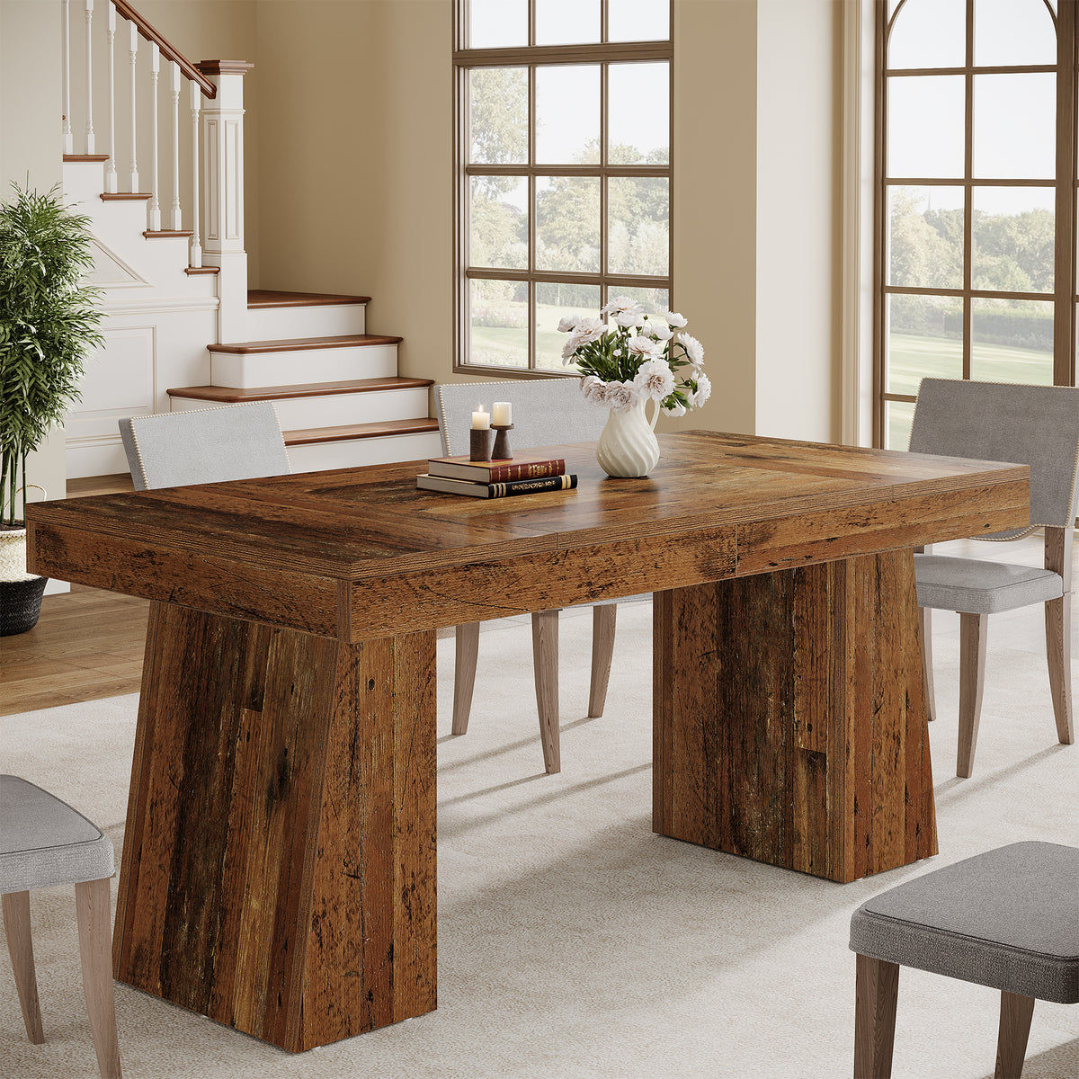 Tribesigns 55-Inch Dining Table for 4-6 People, Rectangular Farmhouse Kitchen Table with Double Pedestal Base