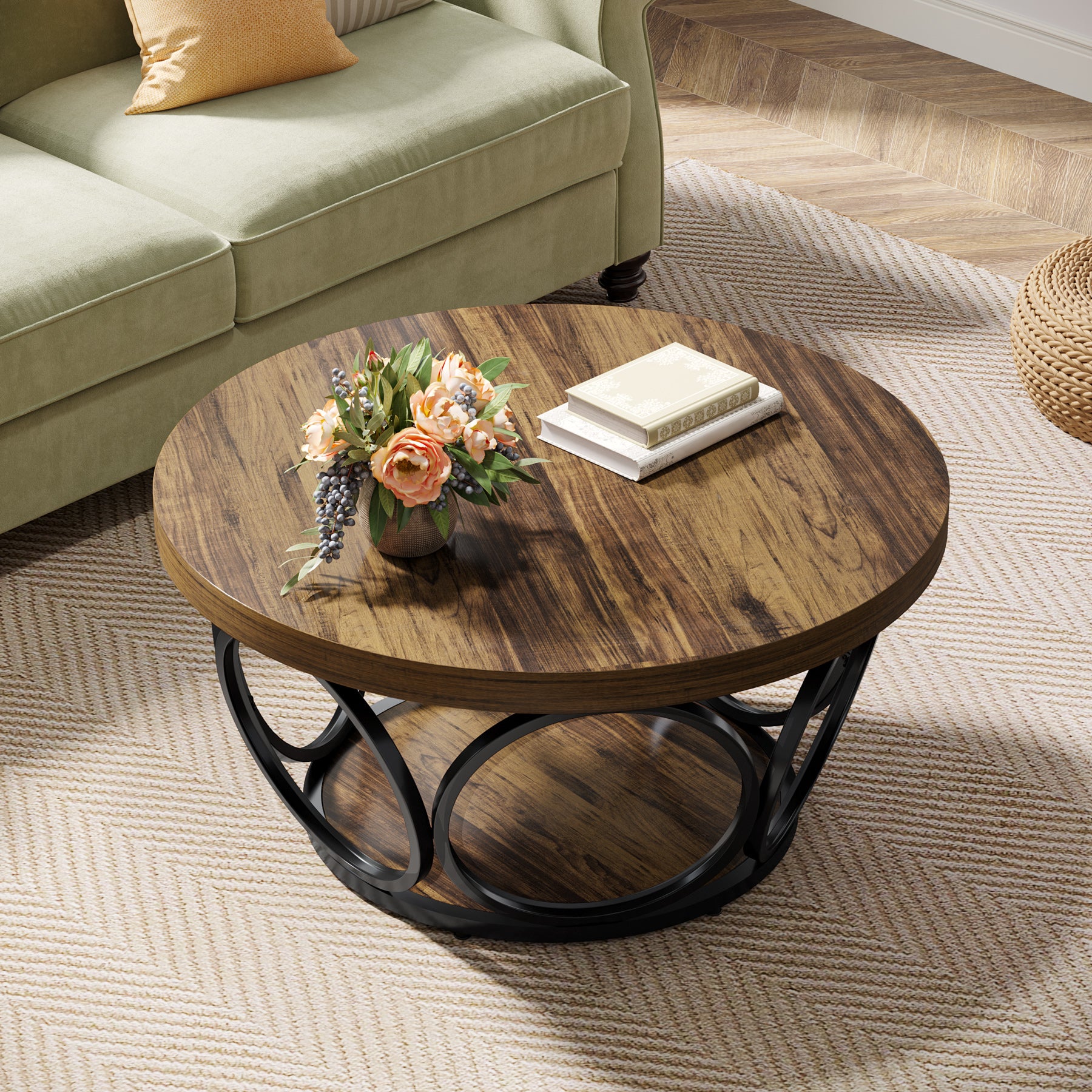 Tribesigns Coffee Table, Round Center Table with 2 Storage Shelves