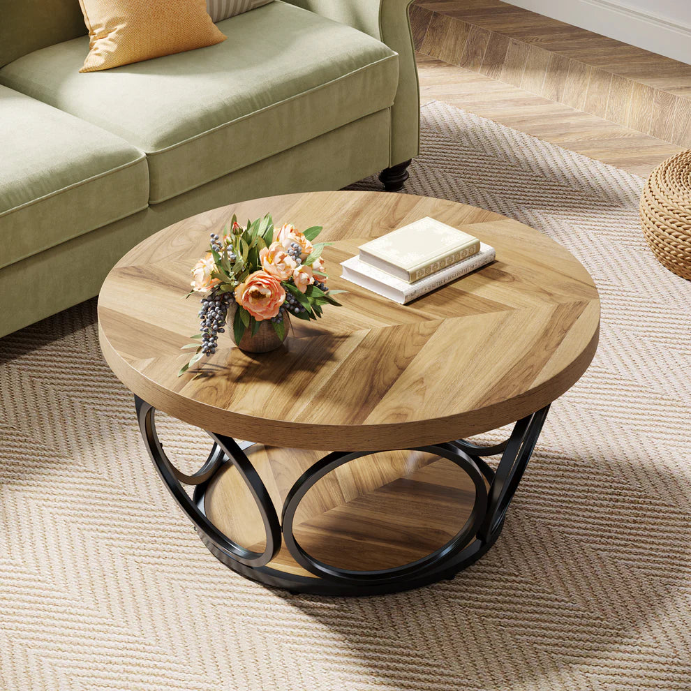 Tribesigns Coffee Table, Round Center Table with 2 Storage Shelves