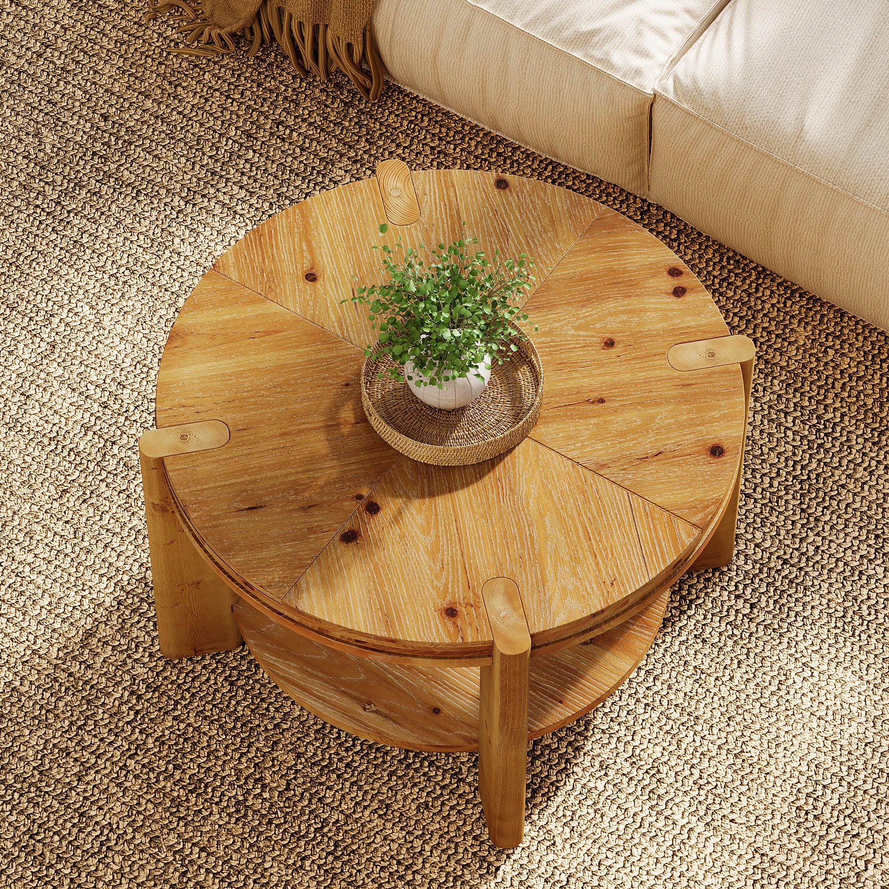29.5 Inch Solid Wood Round Coffee Table, Farmhouse 2-Tier Circle Center Table with Open Storage Shelf for Living Room Apartment