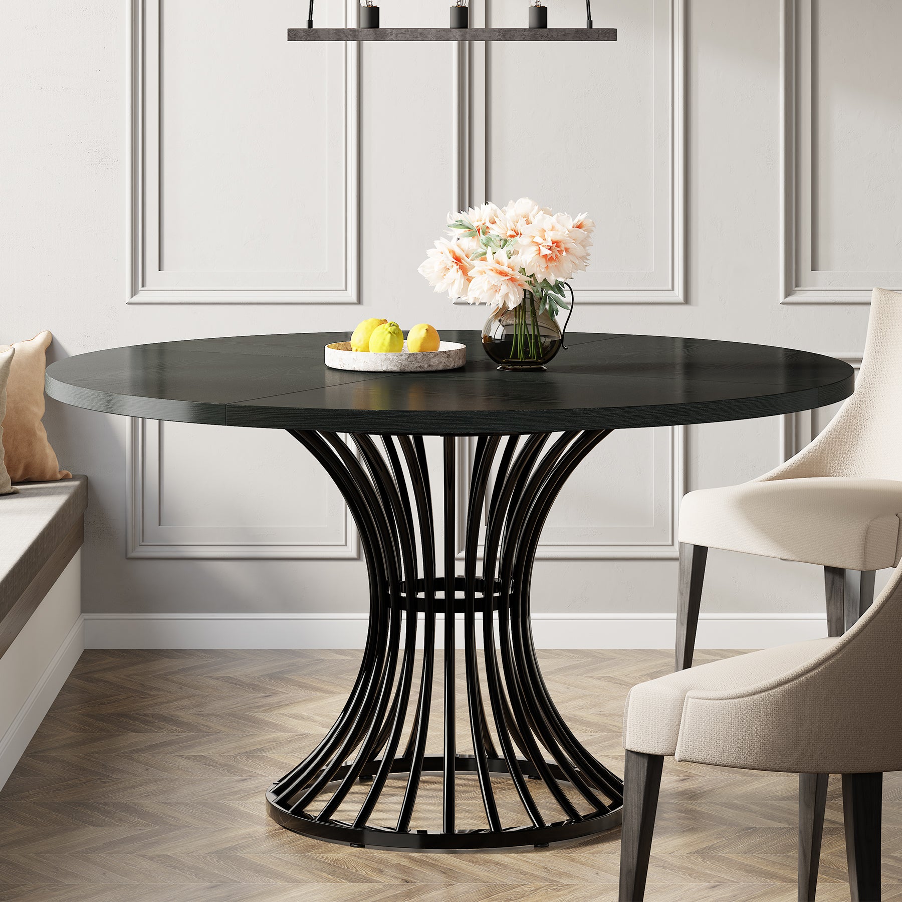 Tribesigns 47.2-Inch Round Dining Table for 4-6, Farmhouse Kitchen Table with Hourglass Metal Base