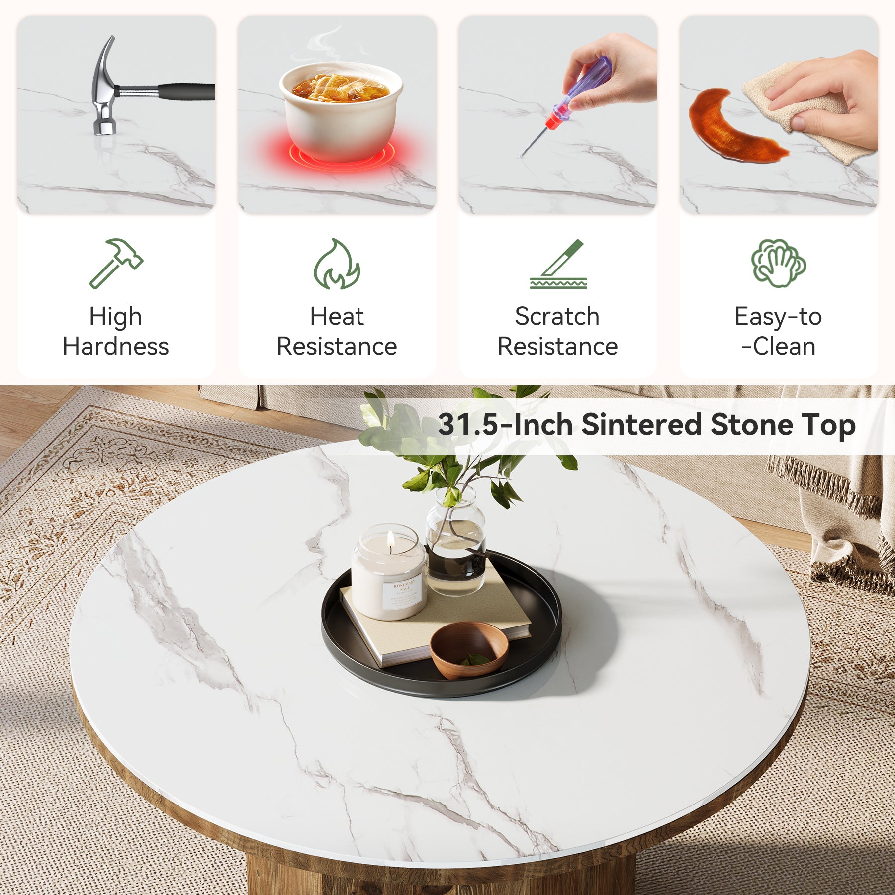 31.5" Sintered Stone Coffee Table, White Round Table with Solid Wood Base for Living Room