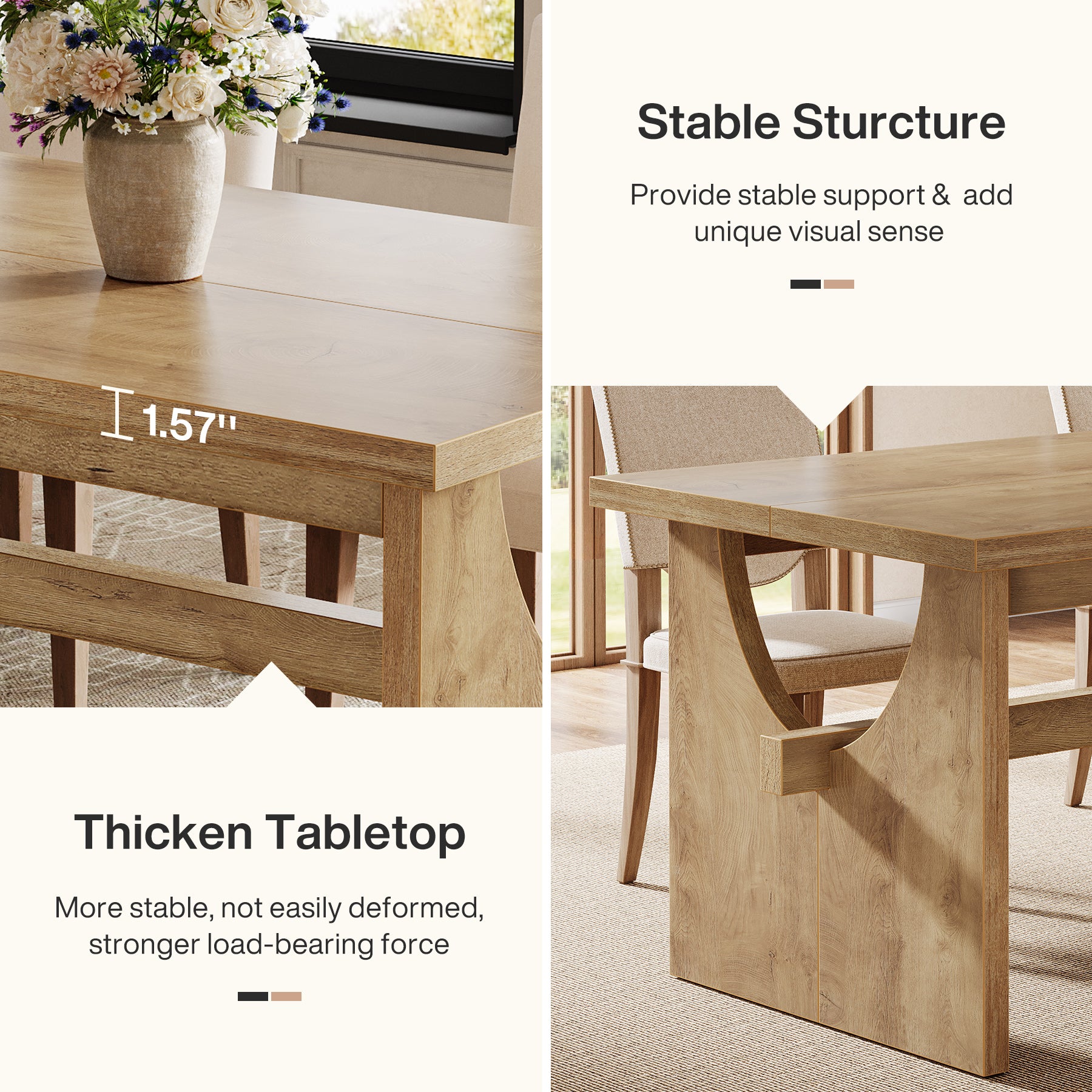 Tribesigns 63-Inch Farmhouse Dining Table for 4 to 6 People with Heavy Duty Double Base