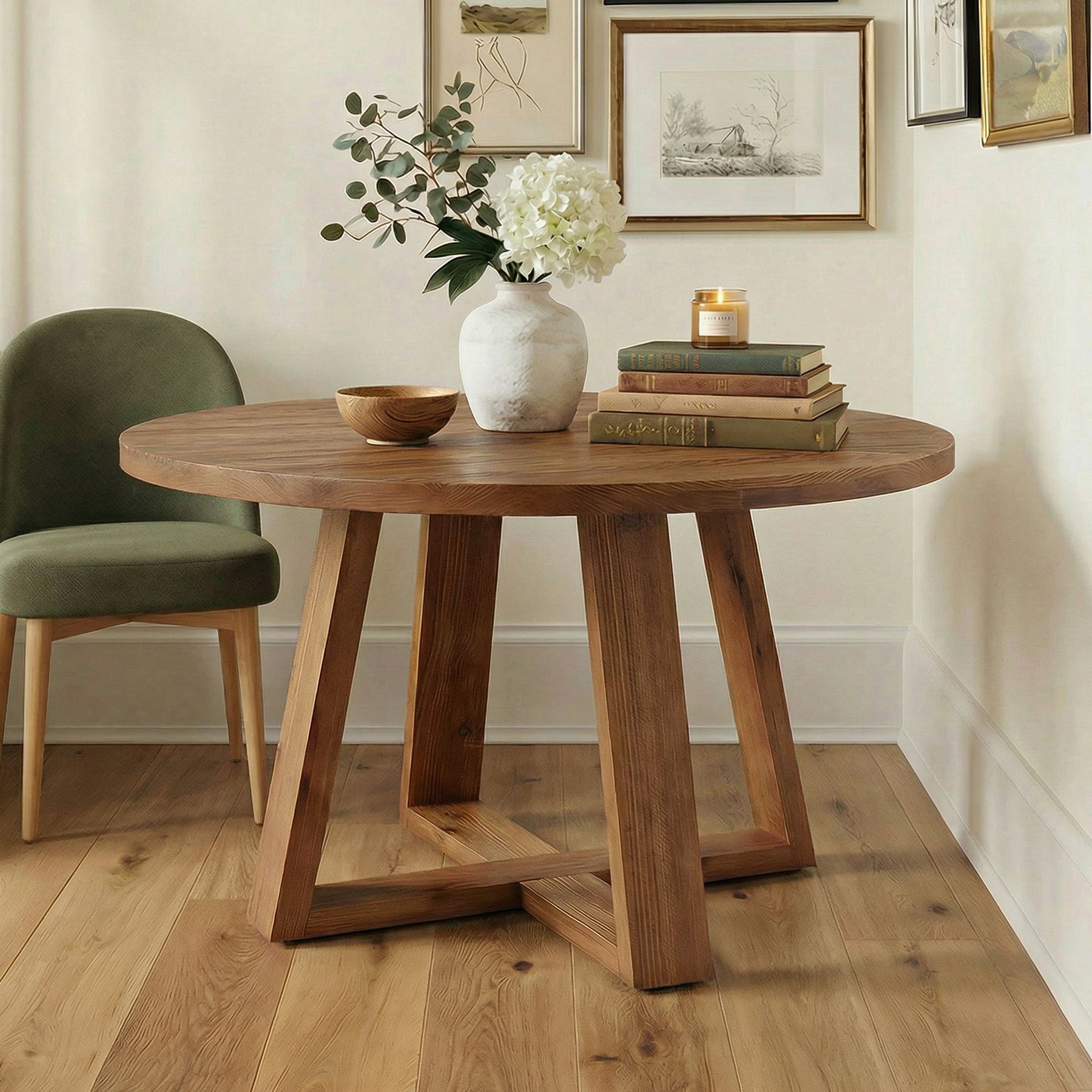 Tribesigns 47.2 Inch Solid Wood Round Dining Table for 4, Farmhouse Kitchen Table with Trestle Base