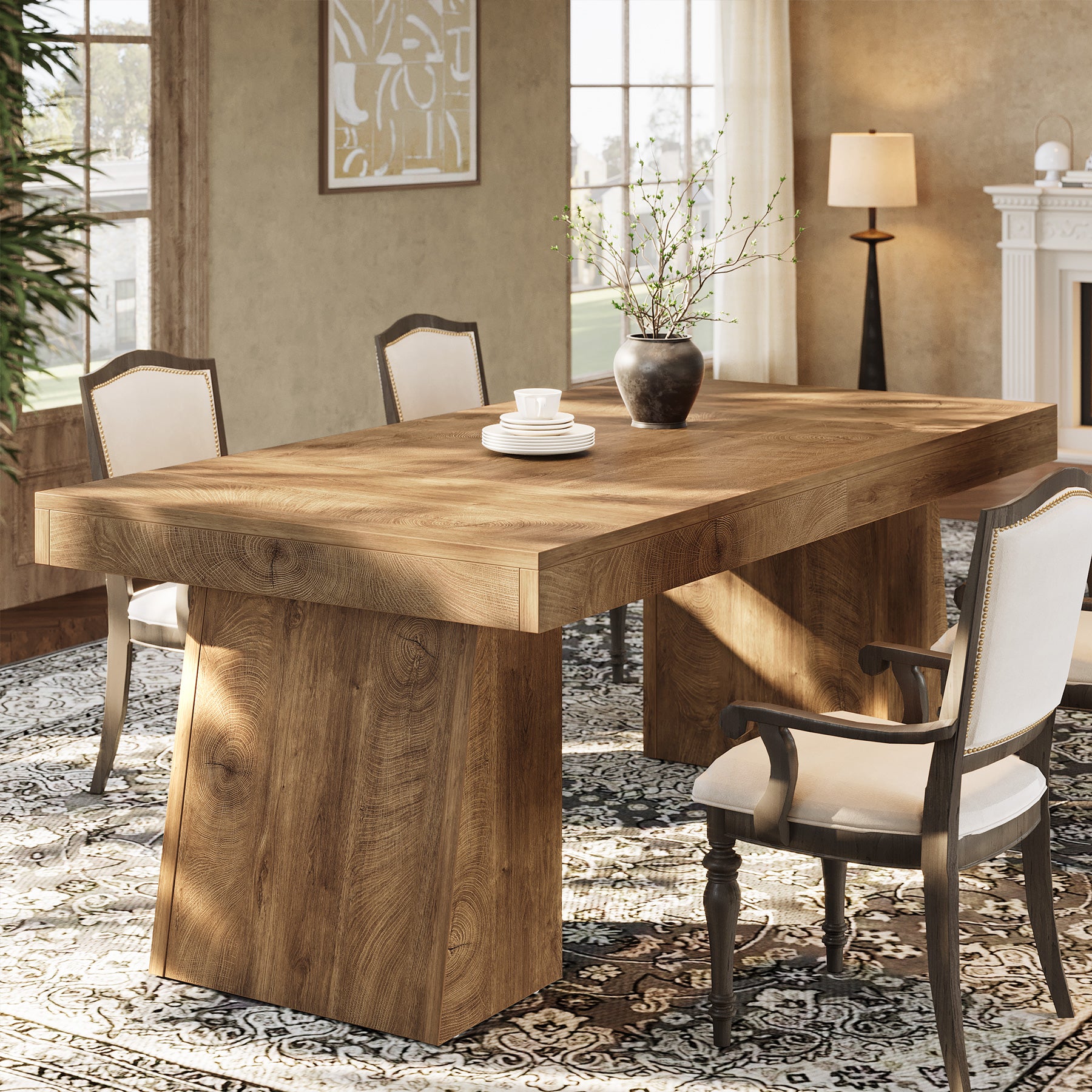 Tribesigns 55-Inch Dining Table for 4-6 People, Rectangular Farmhouse Kitchen Table with Double Pedestal Base