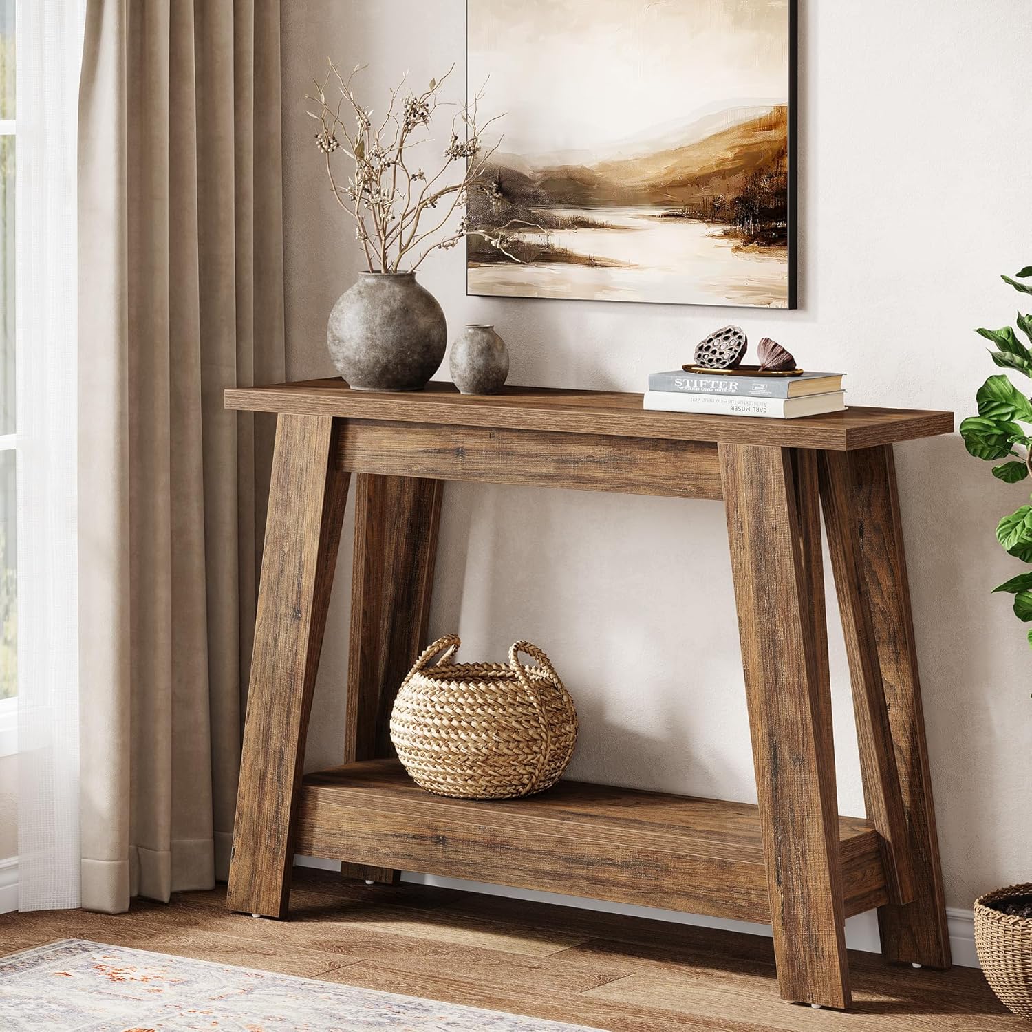 41.3" Rustic Farmhouse Console Table - 2-Tier Narrow Entryway Table with Storage