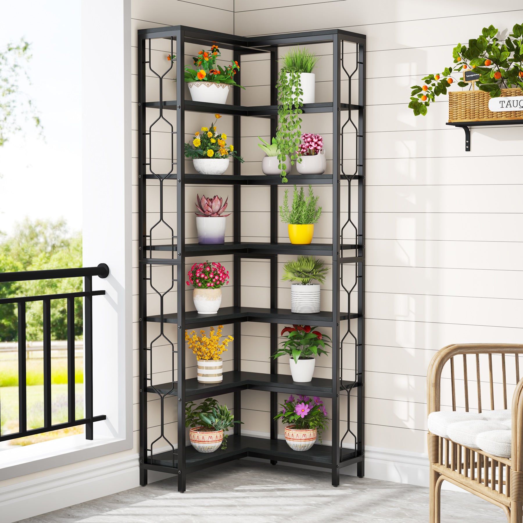 78.7-Inch 7-Tier Corner Bookcase with Hexagon-Pattern Side Panels, Tall Display Unit for Living Room