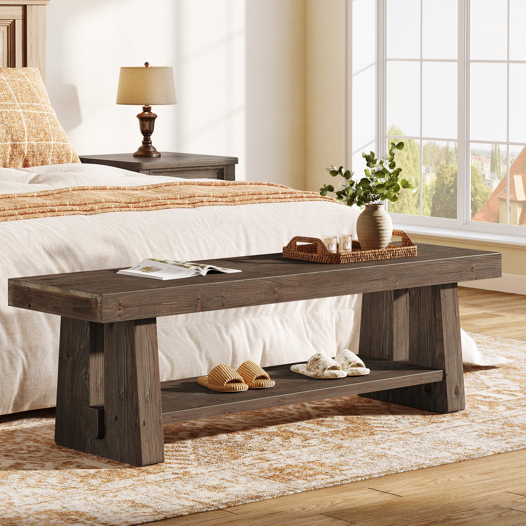 Tribesigns 63-Inch Solid Wood Farmhouse Bench with 2-Tier Open Shoe Storage