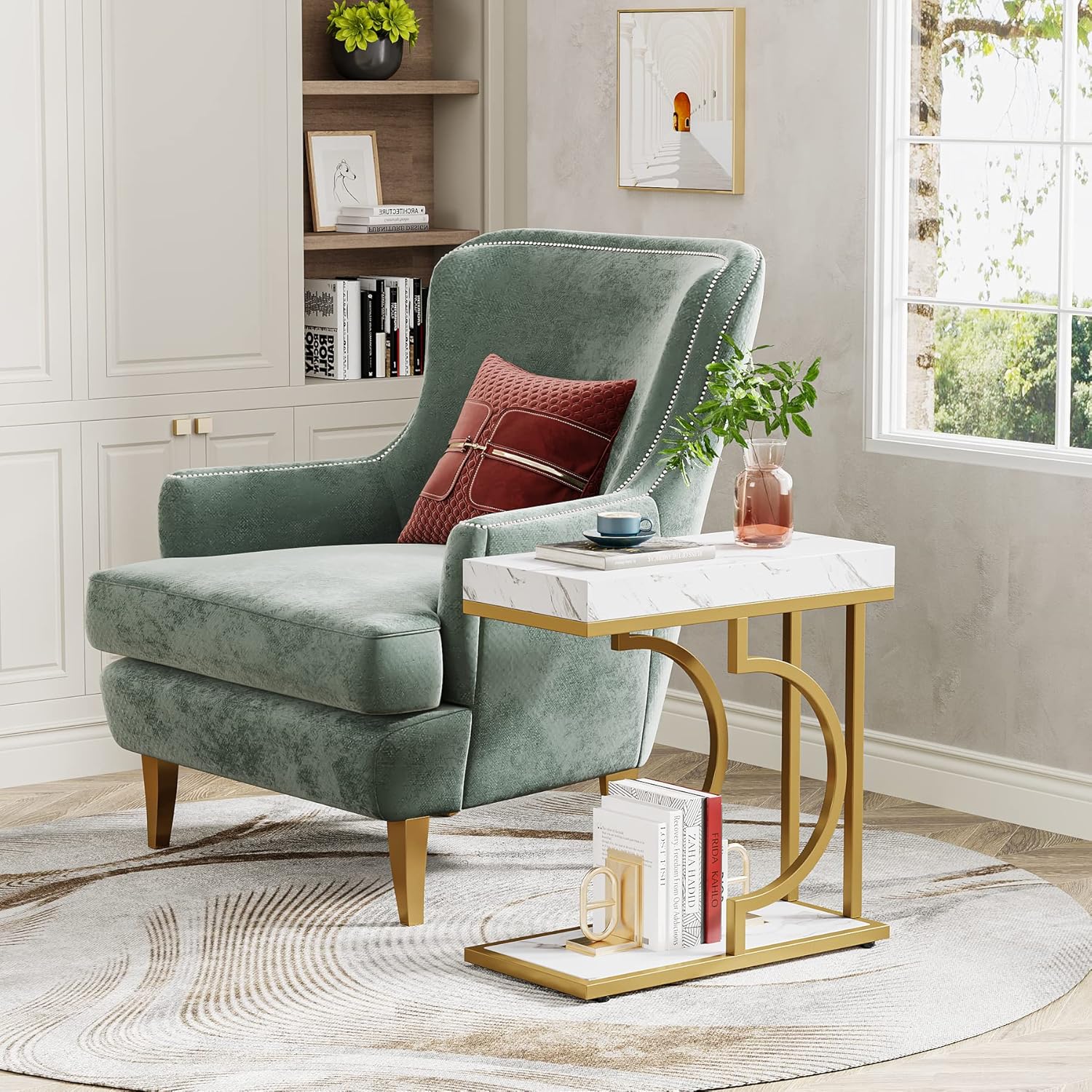 24" Modern C-Shaped Side Table - White & Gold Narrow End Table with Metal Frame