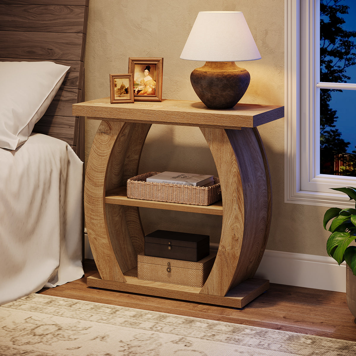 24 Inch Narrow End Table with Storage, 3 Tier Farmhouse Side Table