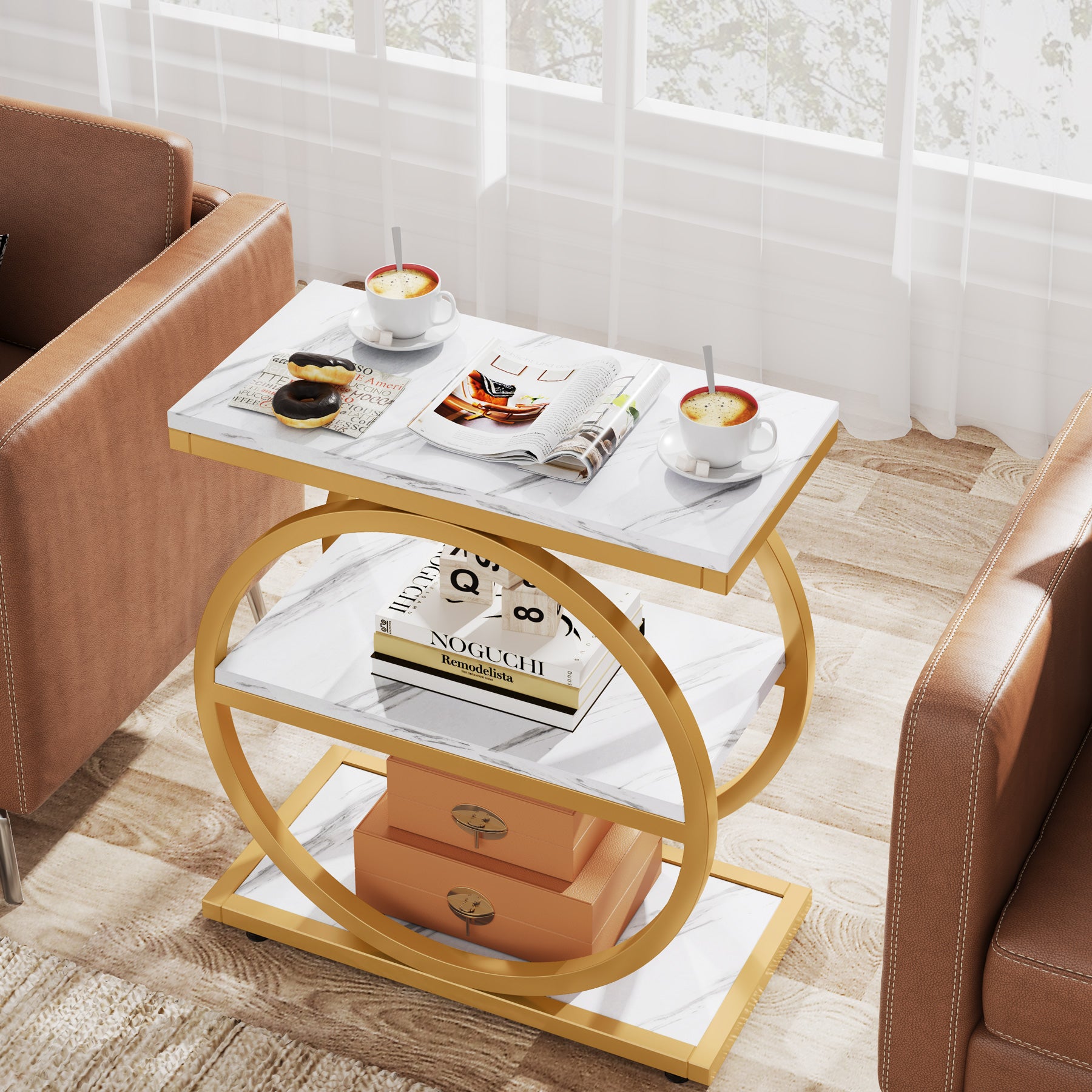 3-Tier End Table, Industrial Sofa Side Table with Round Metal Frame