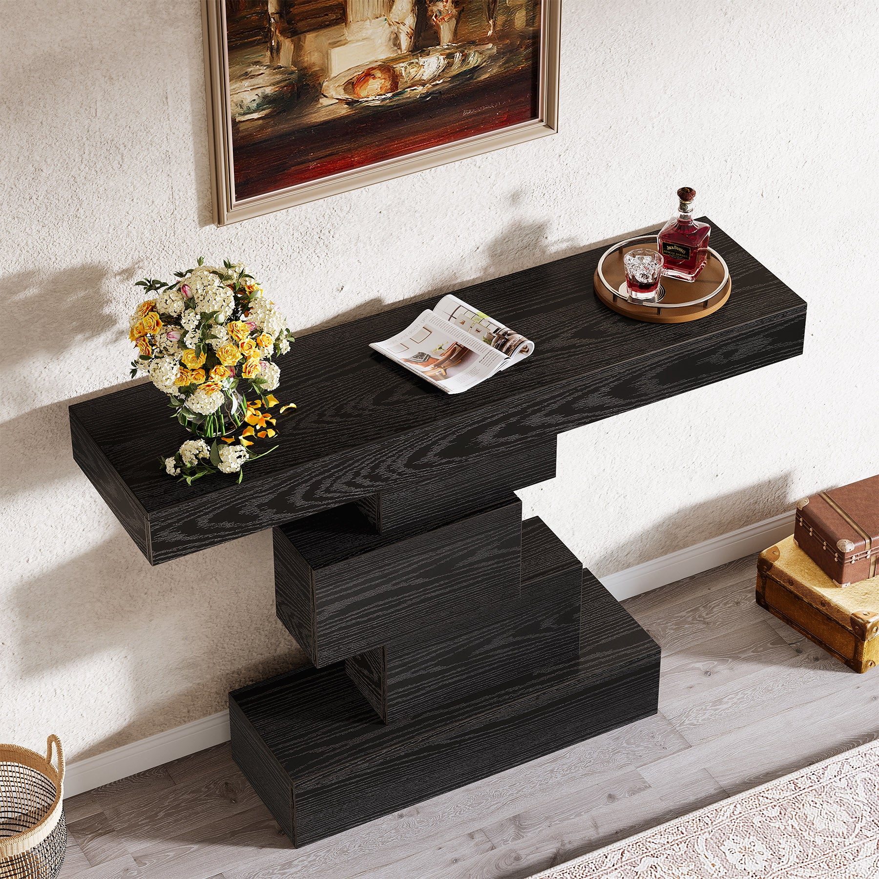 42" Console Table, Wood Sofa Table Accent Table with Geometric Base